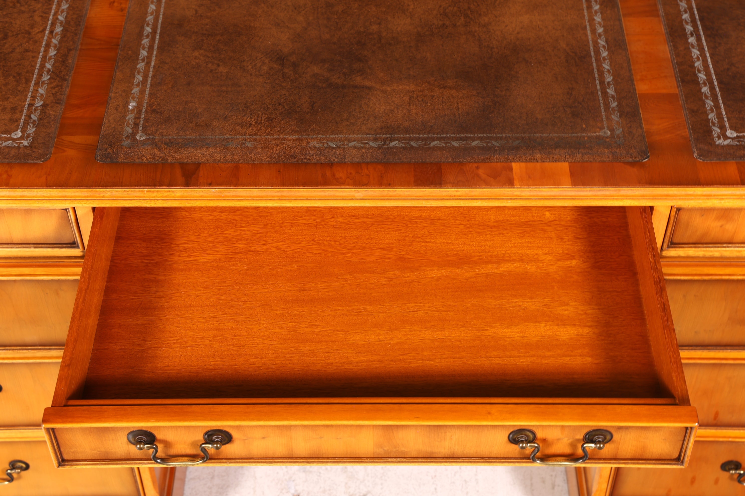 Beautiful English Yew Desk with Genuine Leather Top, Antique Style, Executive Desk, Office Desk, Desk, Partner Desk