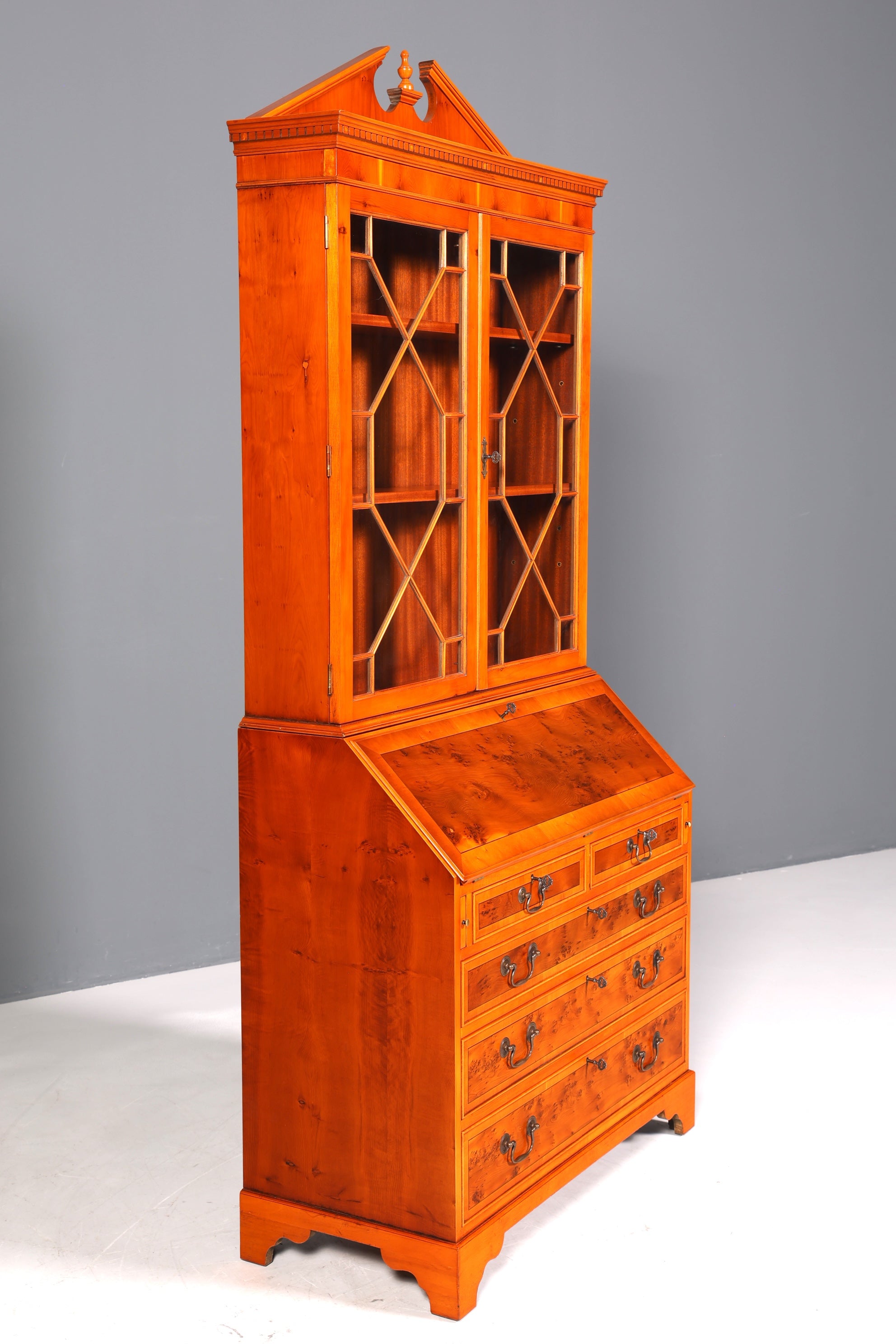 Stylish English secretary desk, office desk, yew wood, antique style, genuine leather top, display cabinet, UK