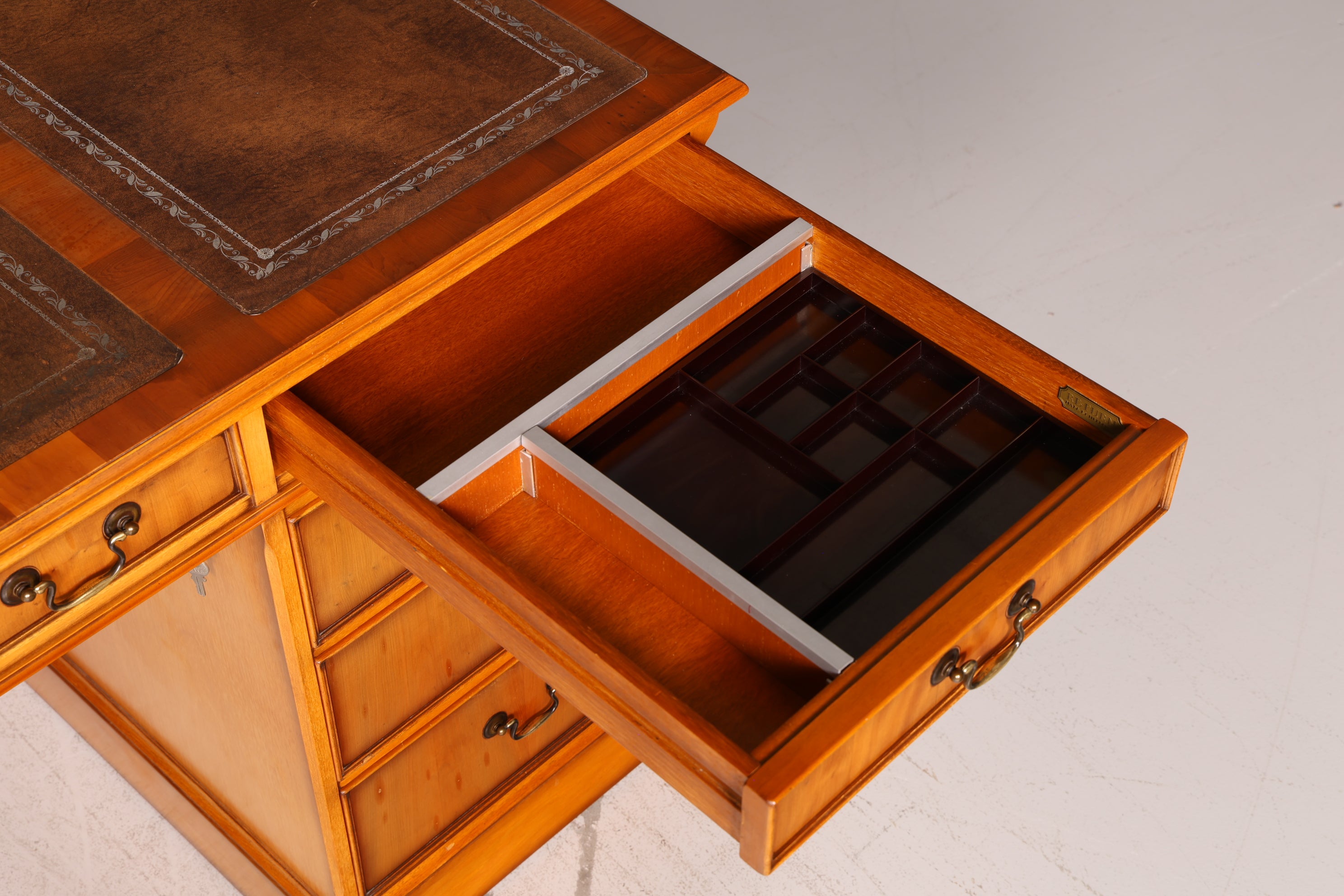 Beautiful English Yew Desk with Genuine Leather Top, Antique Style, Executive Desk, Office Desk, Desk, Partner Desk
