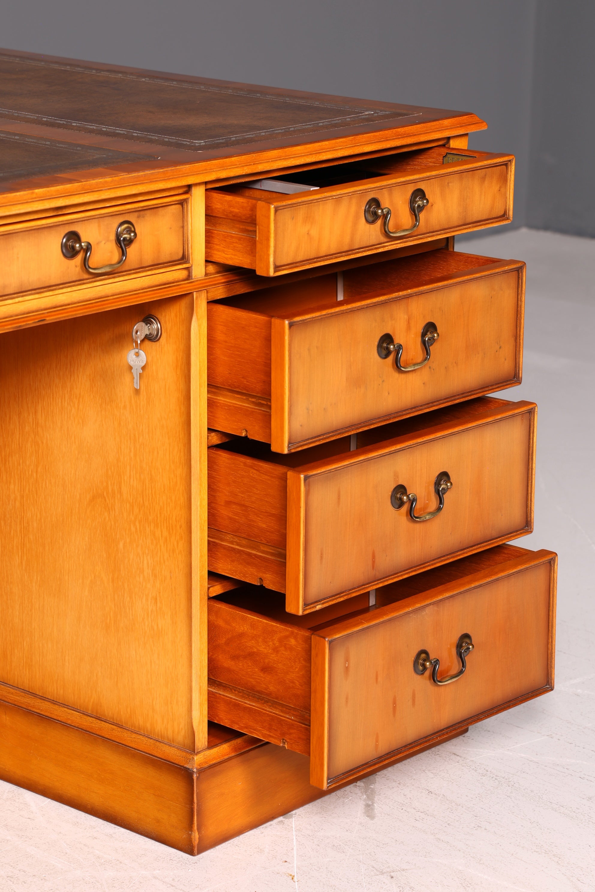 Beautiful English Yew Desk with Genuine Leather Top, Antique Style, Executive Desk, Office Desk, Desk, Partner Desk
