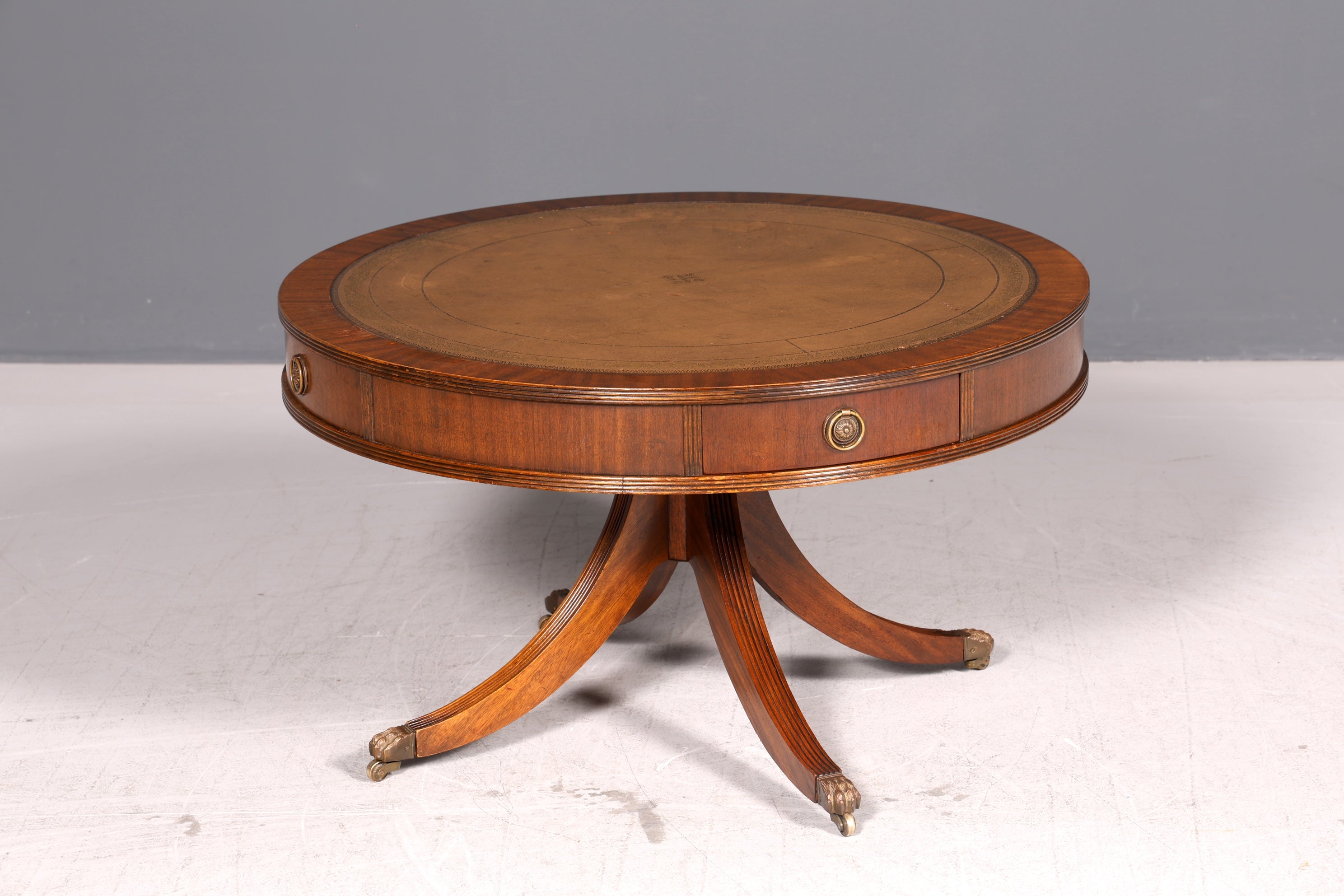 Wunderschöner Englischer Trommeltisch Couchtisch Mahagoni Regency Echt Lederauflage Drum Table Beistelltisch Antik Vintage