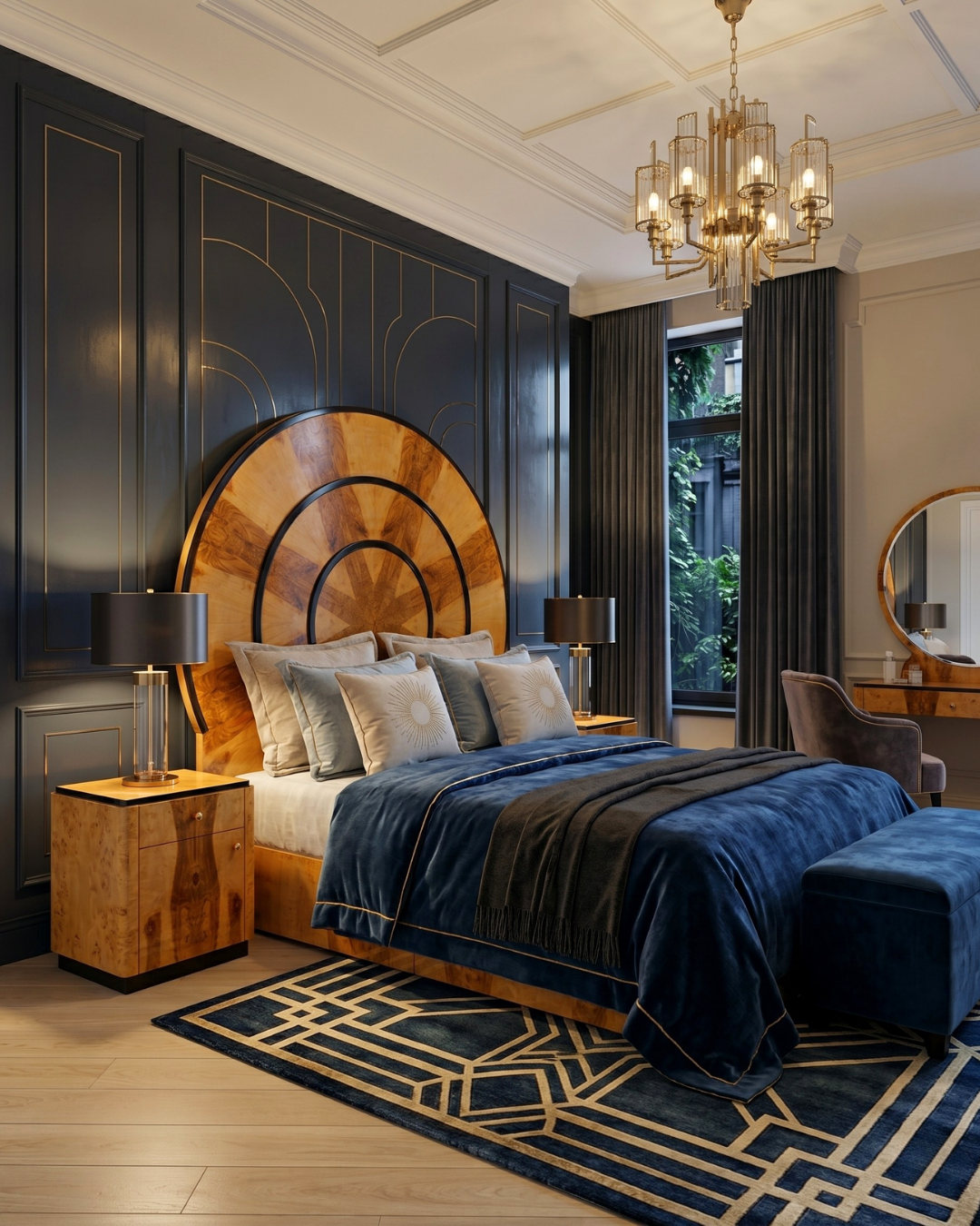 Außergewöhnliches Art Deco Stil Bettgestell "Sun" Birke Schlafzimmer Doppelbett Massivholz Handgefertigt