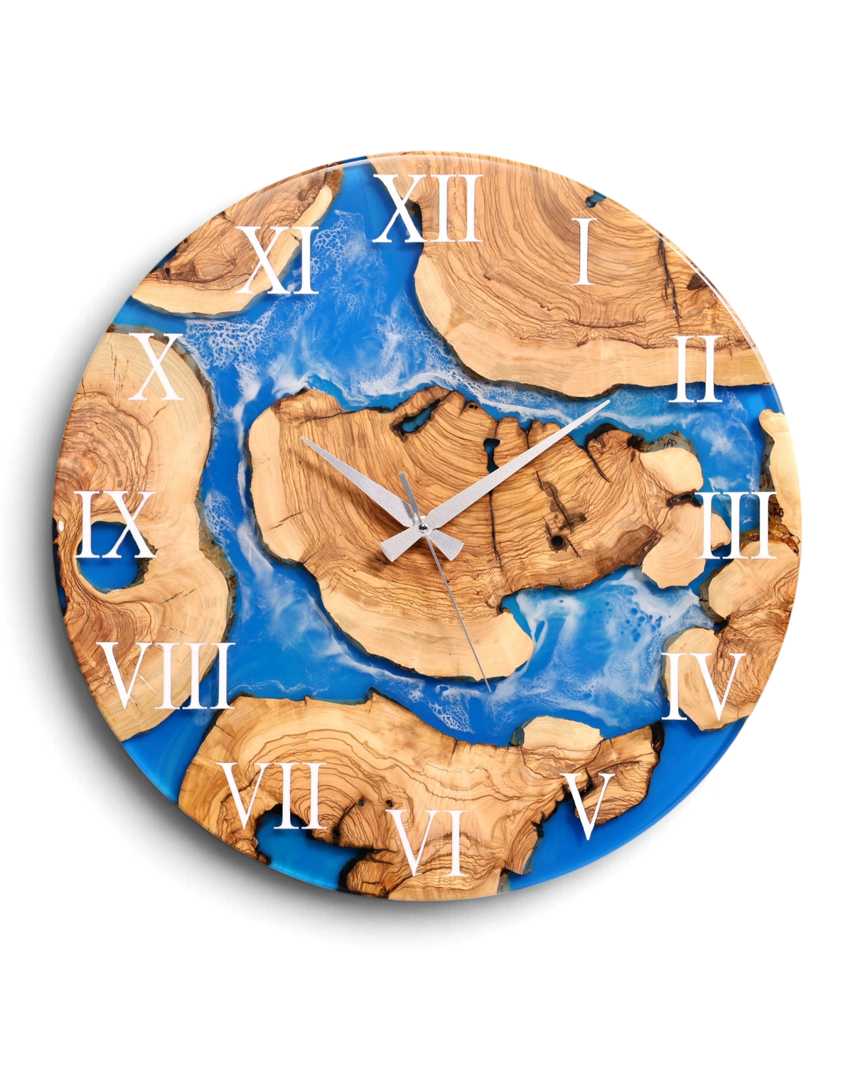 Wunderschöne Handgefertigte Epoxidharz Wanduhr Olivenbaum Blue Sea Uhr Epoxy Analog Uhr