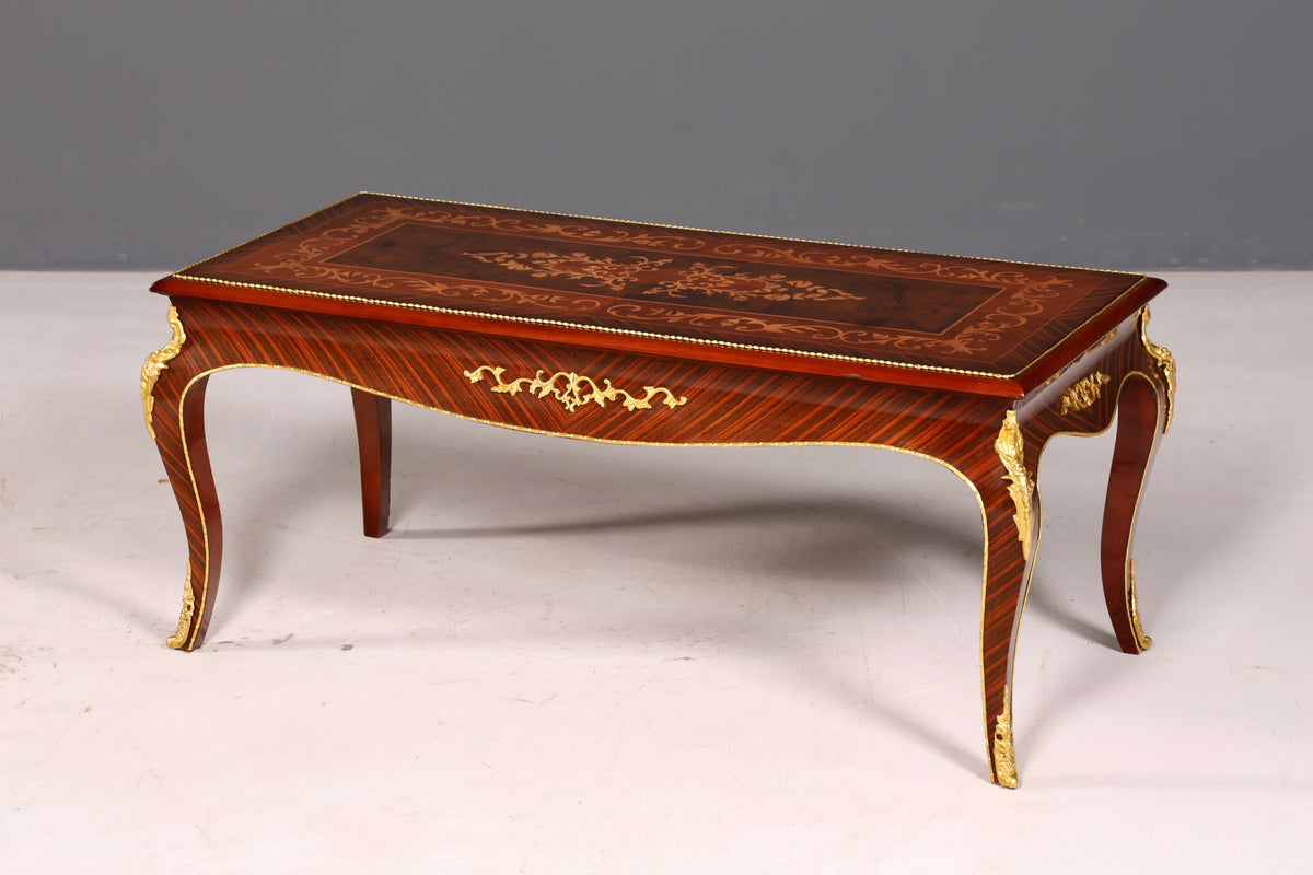 Prachtige barokke salontafel met inlegwerk, antiek messing, voor de woonkamer
