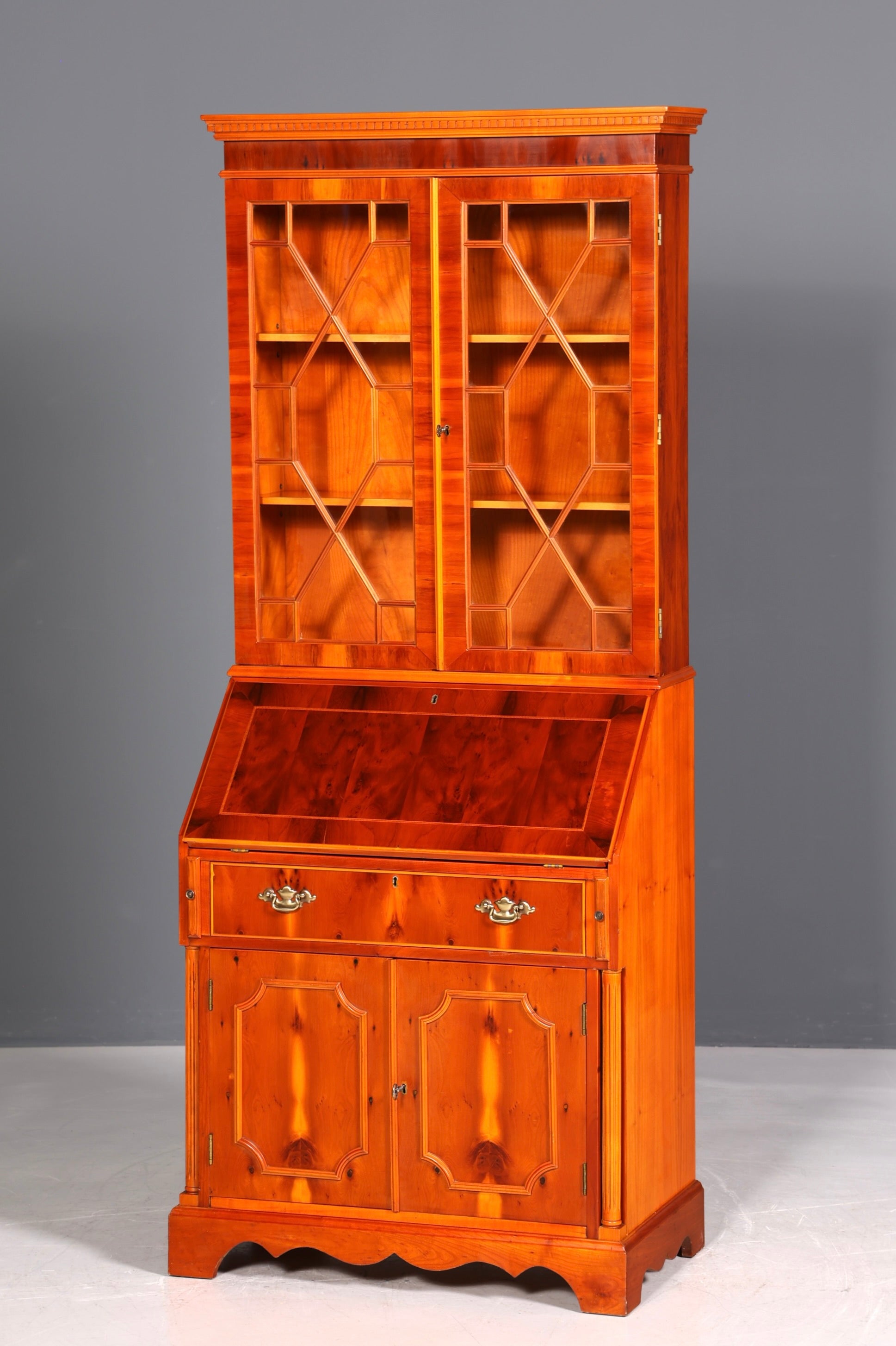 Stylish English secretary desk, office desk, yew wood, antique style, genuine leather top, display cabinet, UK