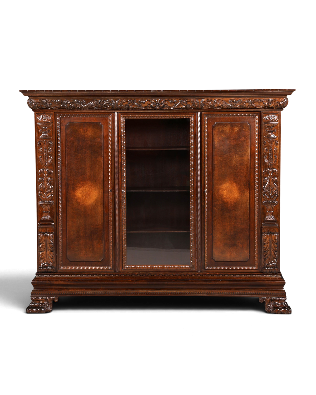 Hauptstadt Möblerei Neorenaissance Bücherschrank aus dunklem Echtholz mit aufwendigen Schnitzereien und Glasvitrine