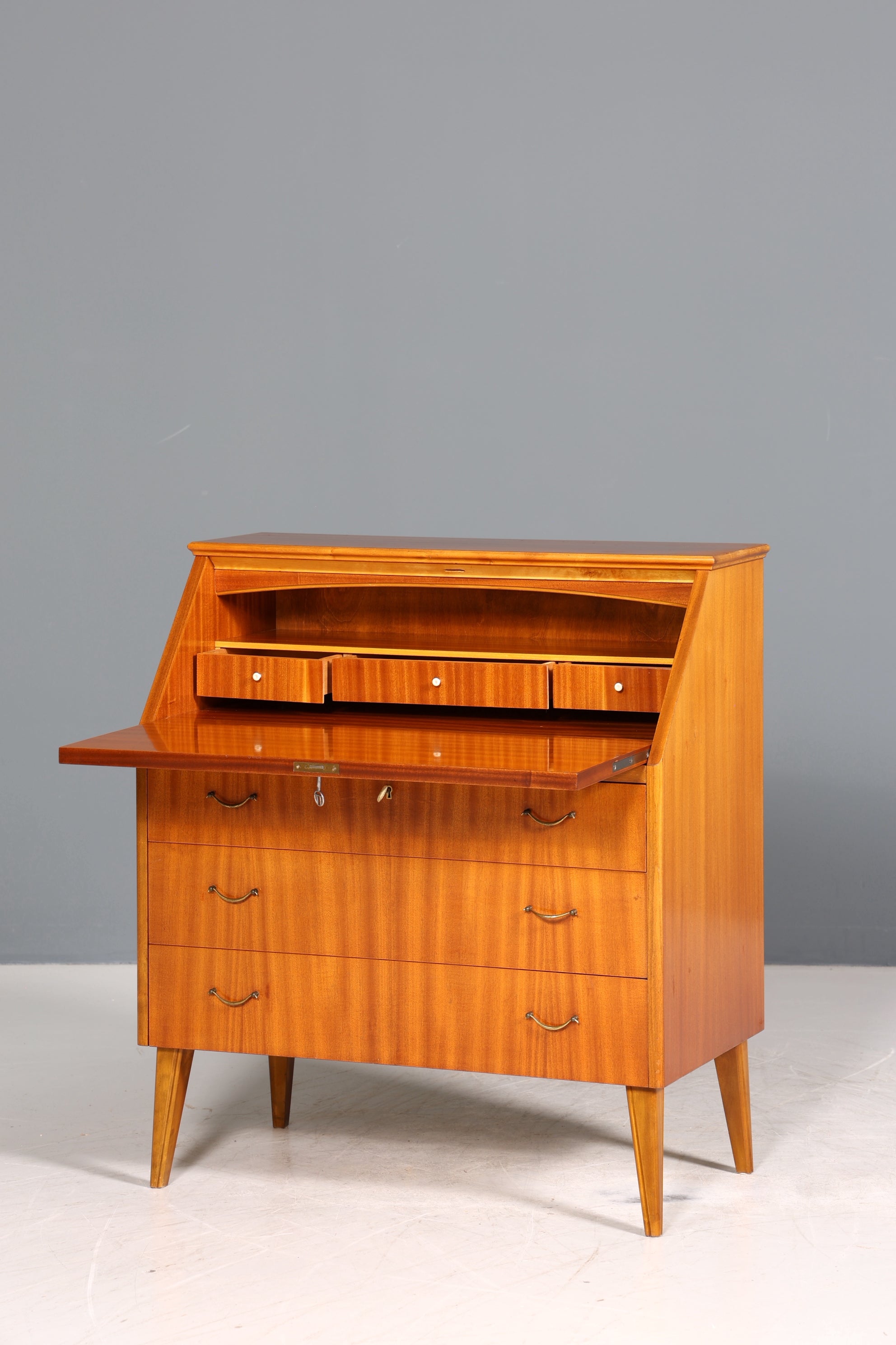 Schlichter Mid Century Sekretär Vintage Schreibmöbel echt Holz Kommode Office Secretary