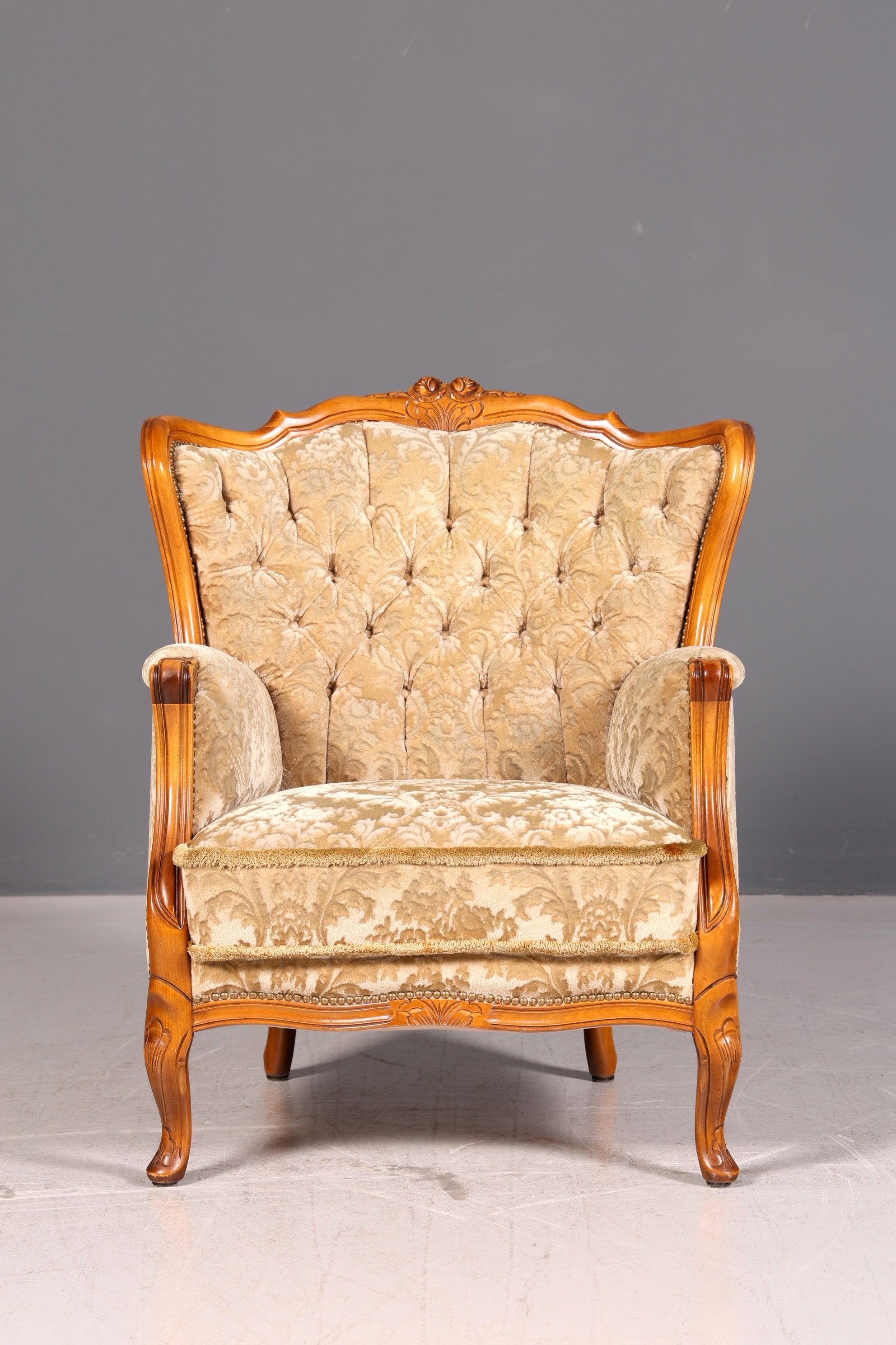 Edler Chippendale Armlehnsessel Barock Stil Sessel Armchair Samt Stoff Antik Vintage