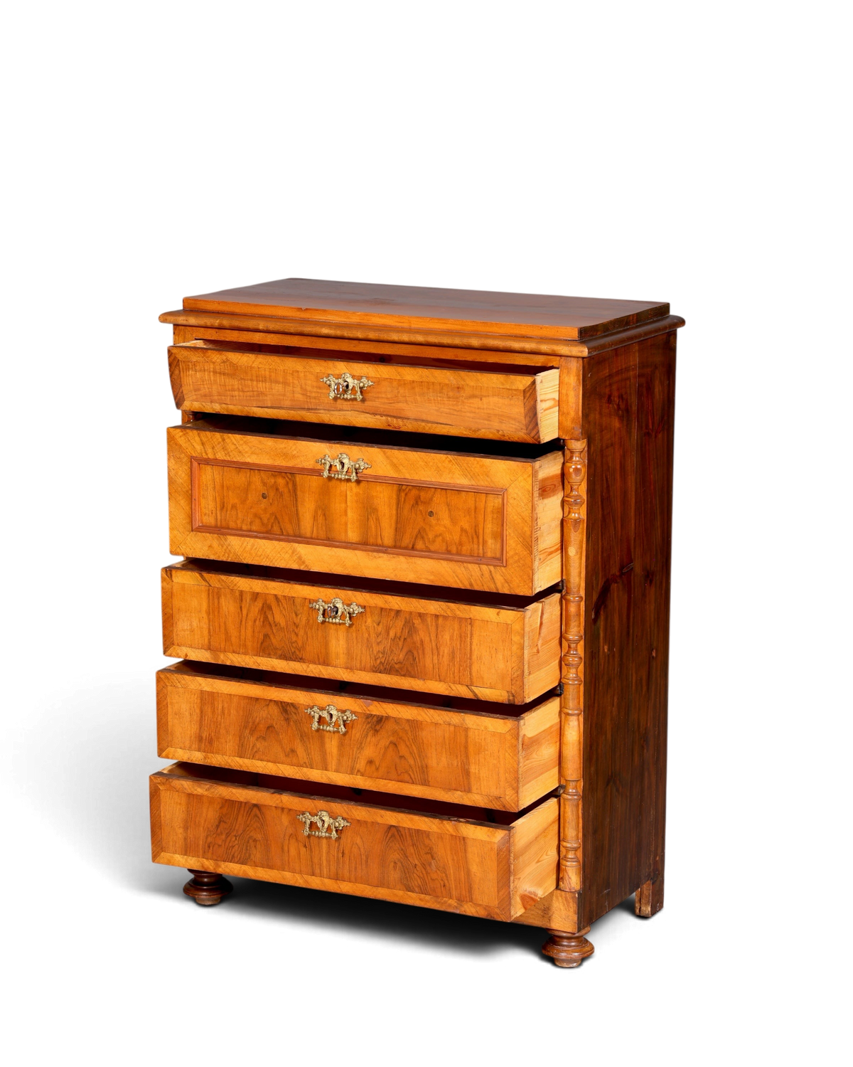 Hauptstadt Möblerei antike Gründerzeit Kommode aus massivem Holz mit fünf Schubladen und verzierten Messinggriffen