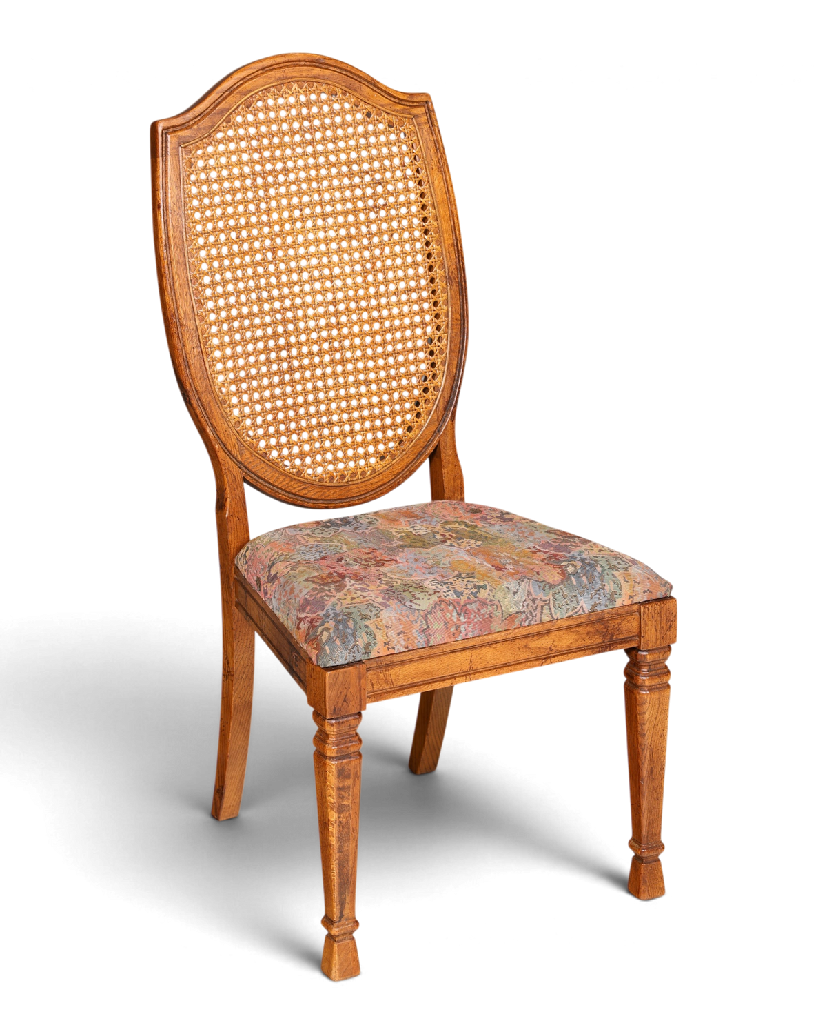 Hauptstadt Möblerei Stuhl mit Wiener Geflecht Rückenlehne und buntem Polstersitz aus Holz im Vintage-Stil