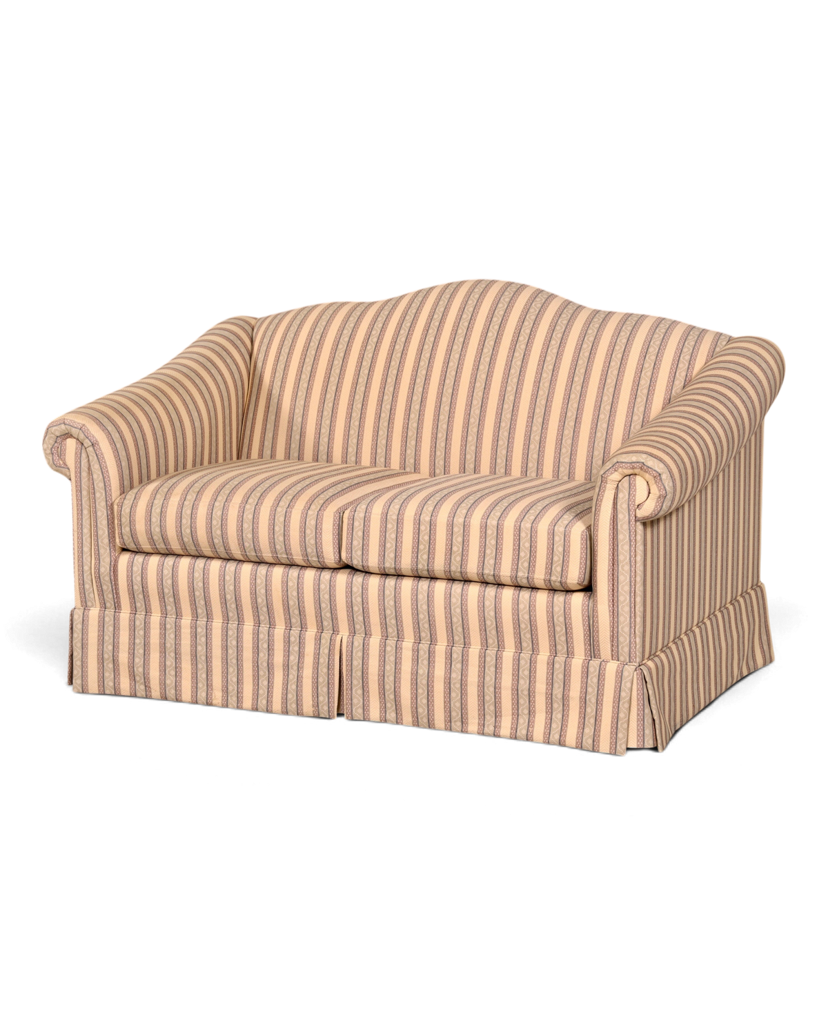 Hauptstadt Möblerei Drexel Heritage 2-Sitzer Sofa mit klassischem beigem Streifenmuster und geschwungener Rückenlehne