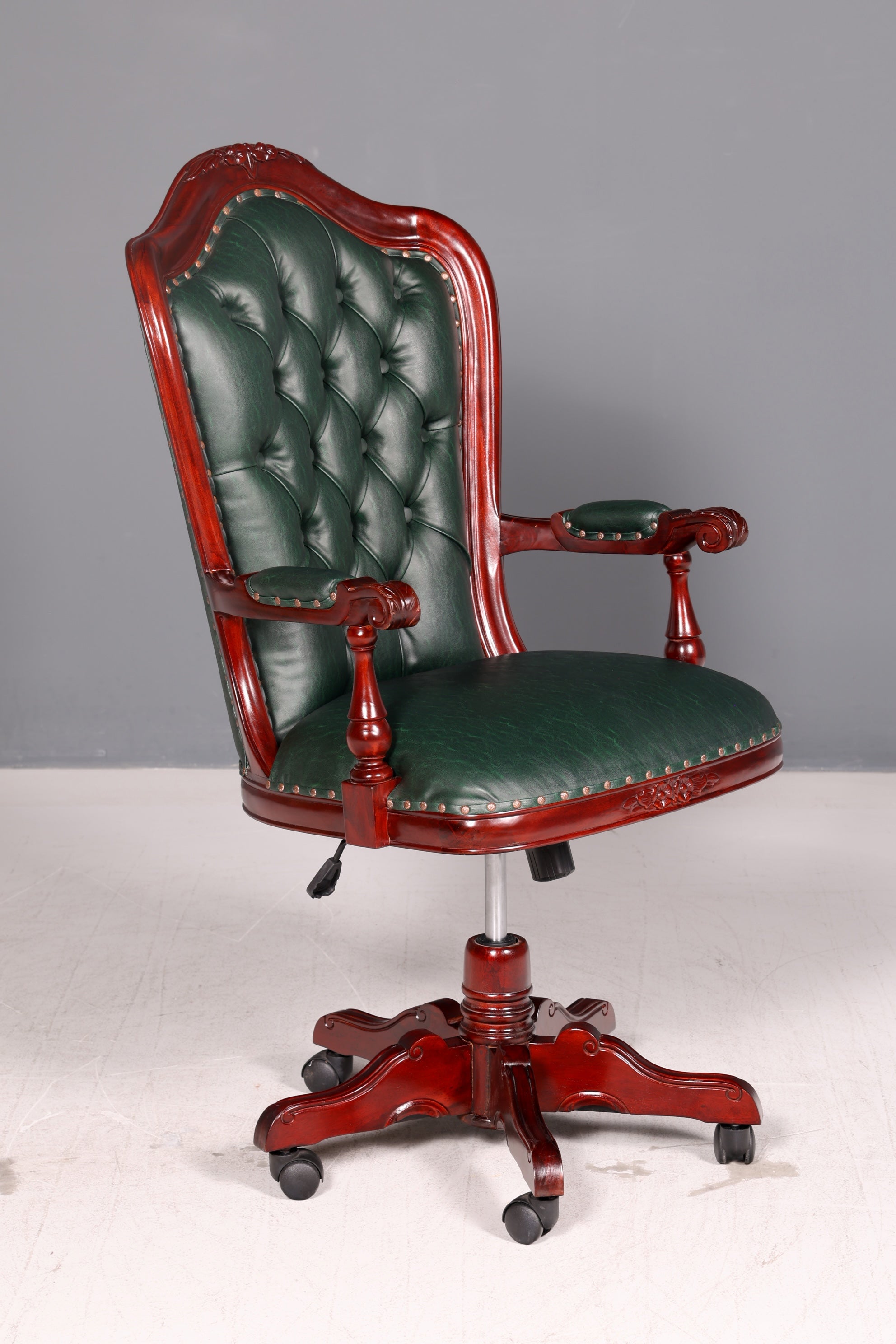 Luxe Chesterfield-bureaustoel voor directie, groen mahonie, bureaustoel, draaistoel, Engelse vintage stijl