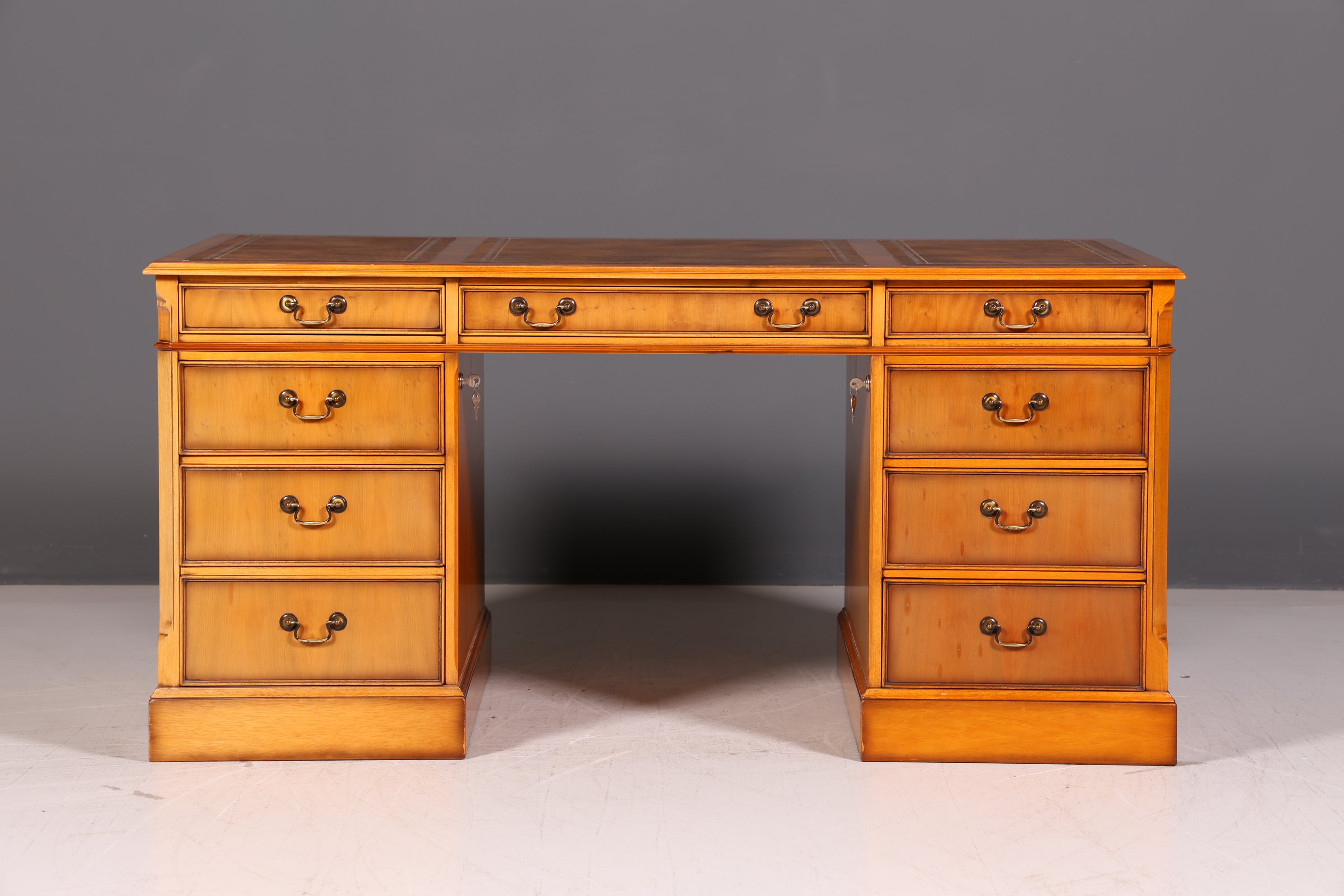 Beautiful English Yew Desk with Genuine Leather Top, Antique Style, Executive Desk, Office Desk, Desk, Partner Desk