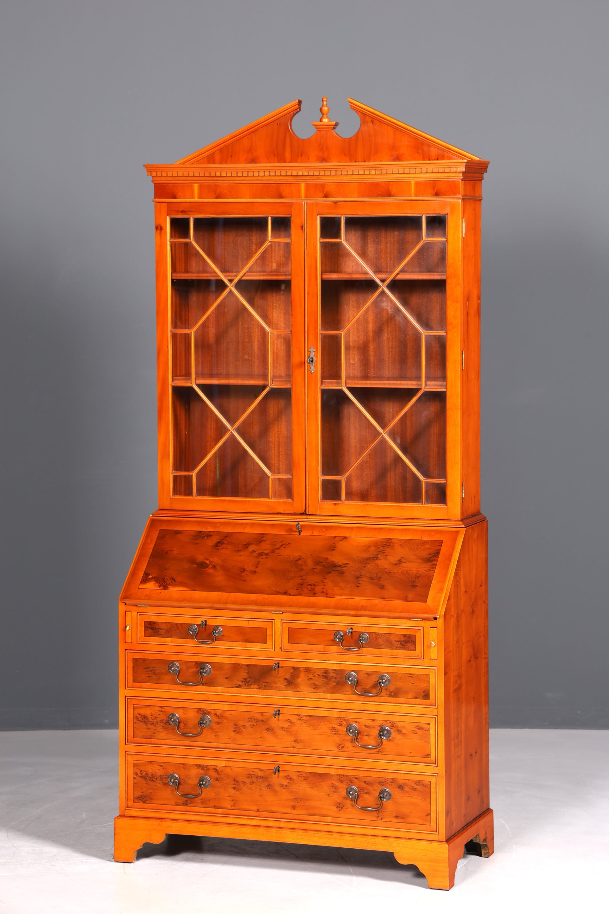 Stylish English secretary desk, office desk, yew wood, antique style, genuine leather top, display cabinet, UK