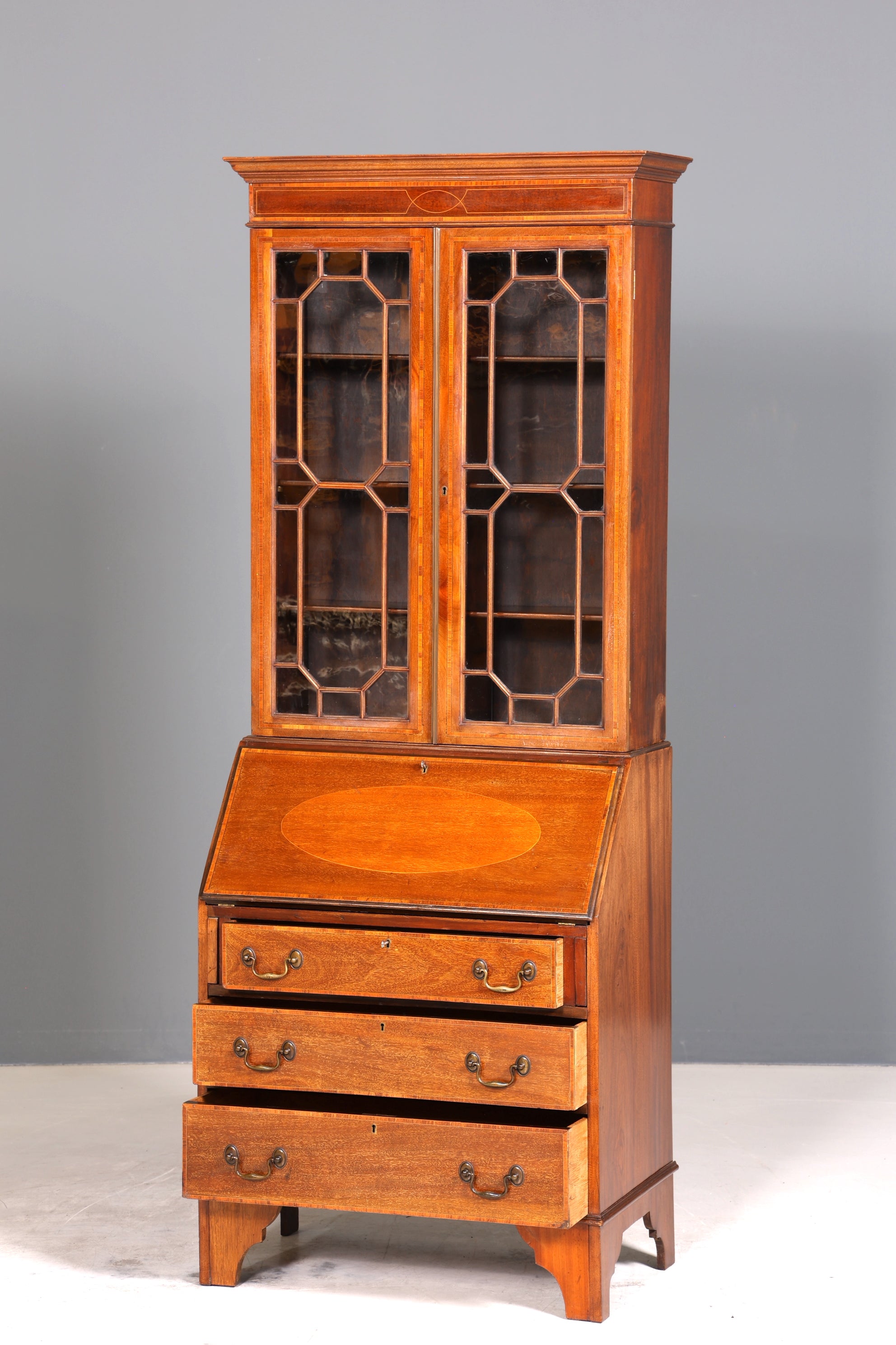Stilvoller Englischer Sekretär Büro Aufsatzsekretär Antik 60S Vitrinen Schrank UK