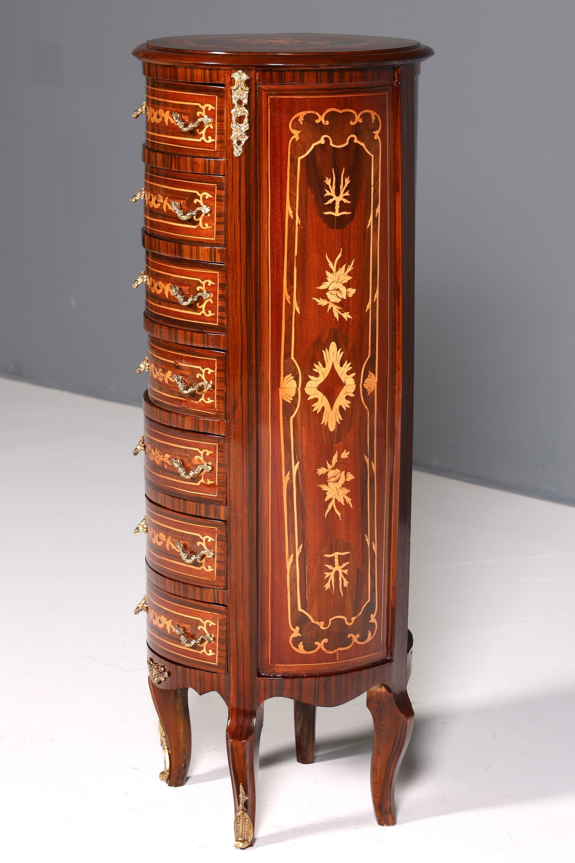 Edle Barock Stil Kommode Vertiko Schubladenkommode Intarsien 7-Schübige Kommode