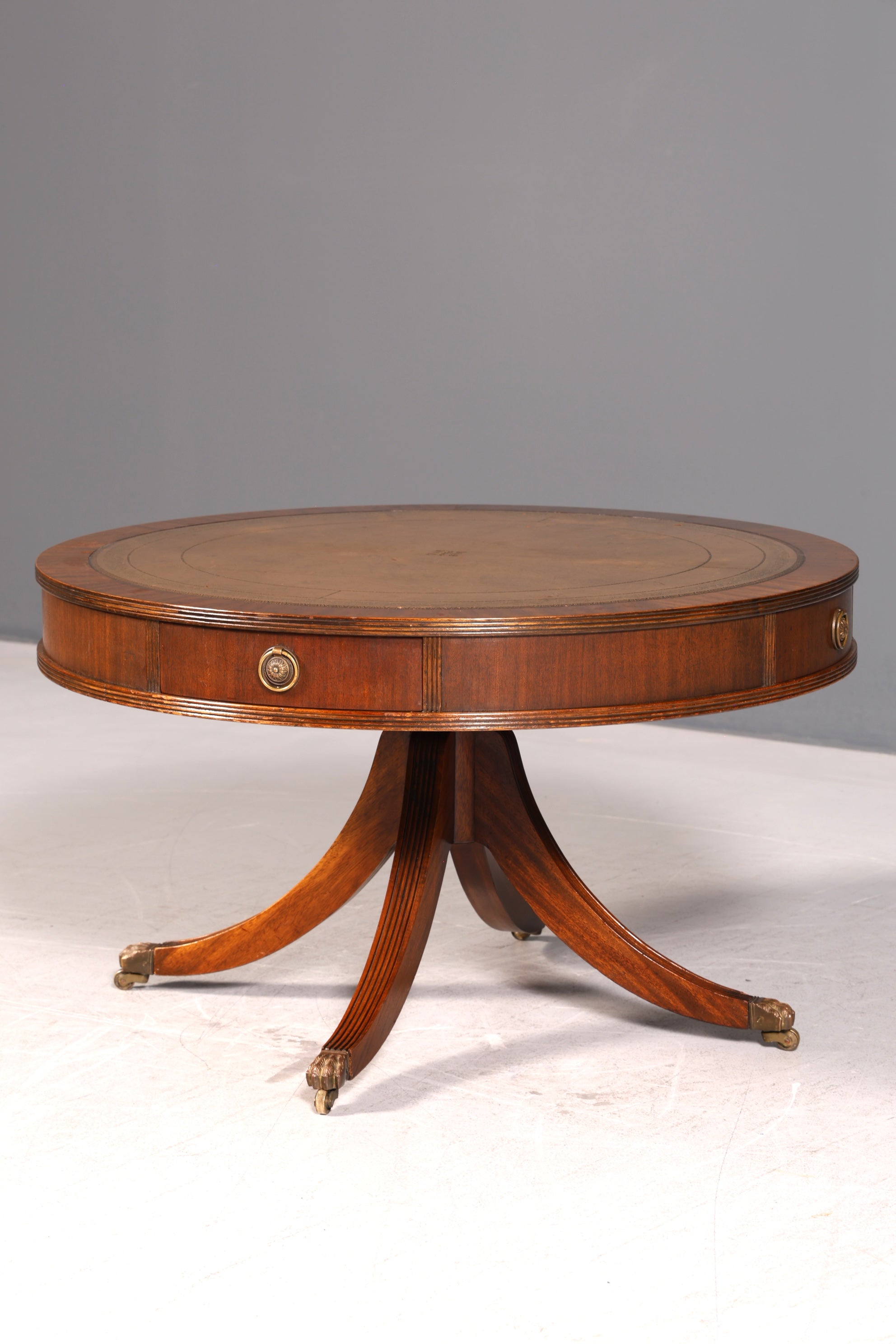 Wunderschöner Englischer Trommeltisch Couchtisch Mahagoni Regency Echt Lederauflage Drum Table Beistelltisch Antik Vintage