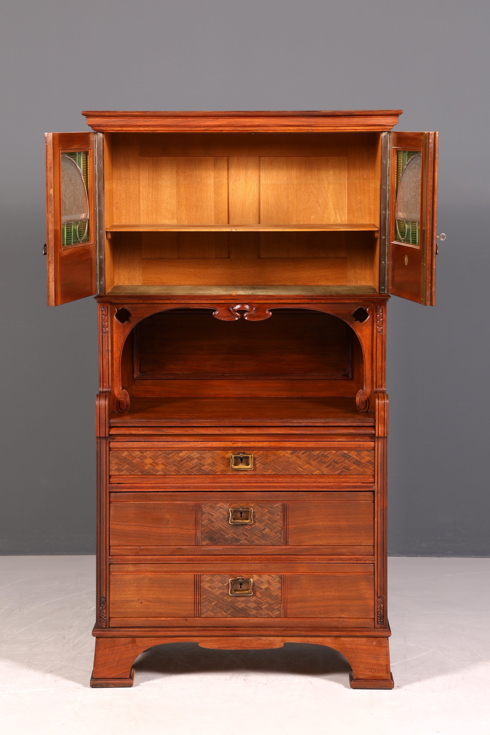 Wunderschöne Jugendstil Vitrine Antike Holz Bücherschrank Antik Schrank Geschirrschrank