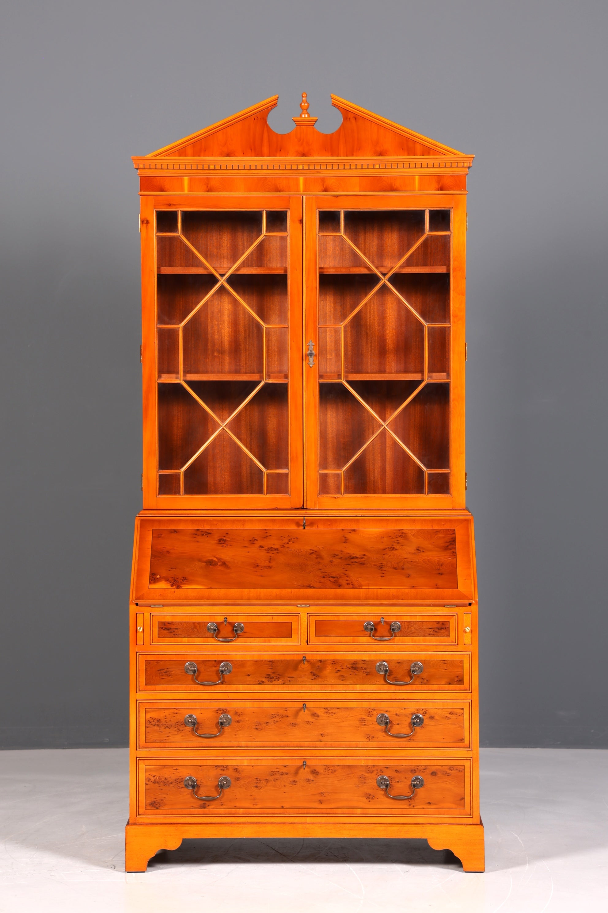 Stylish English secretary desk, office desk, yew wood, antique style, genuine leather top, display cabinet, UK