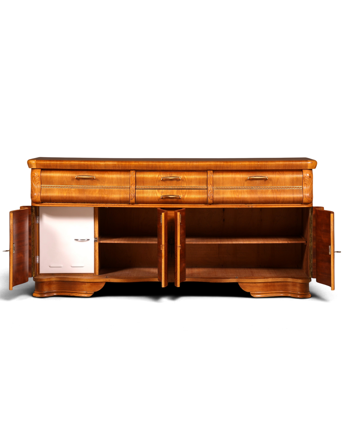 Hauptstadt Möblerei Sideboard aus Holz mit drei Schubladen und offenen Schranktüren im Vintage-Design