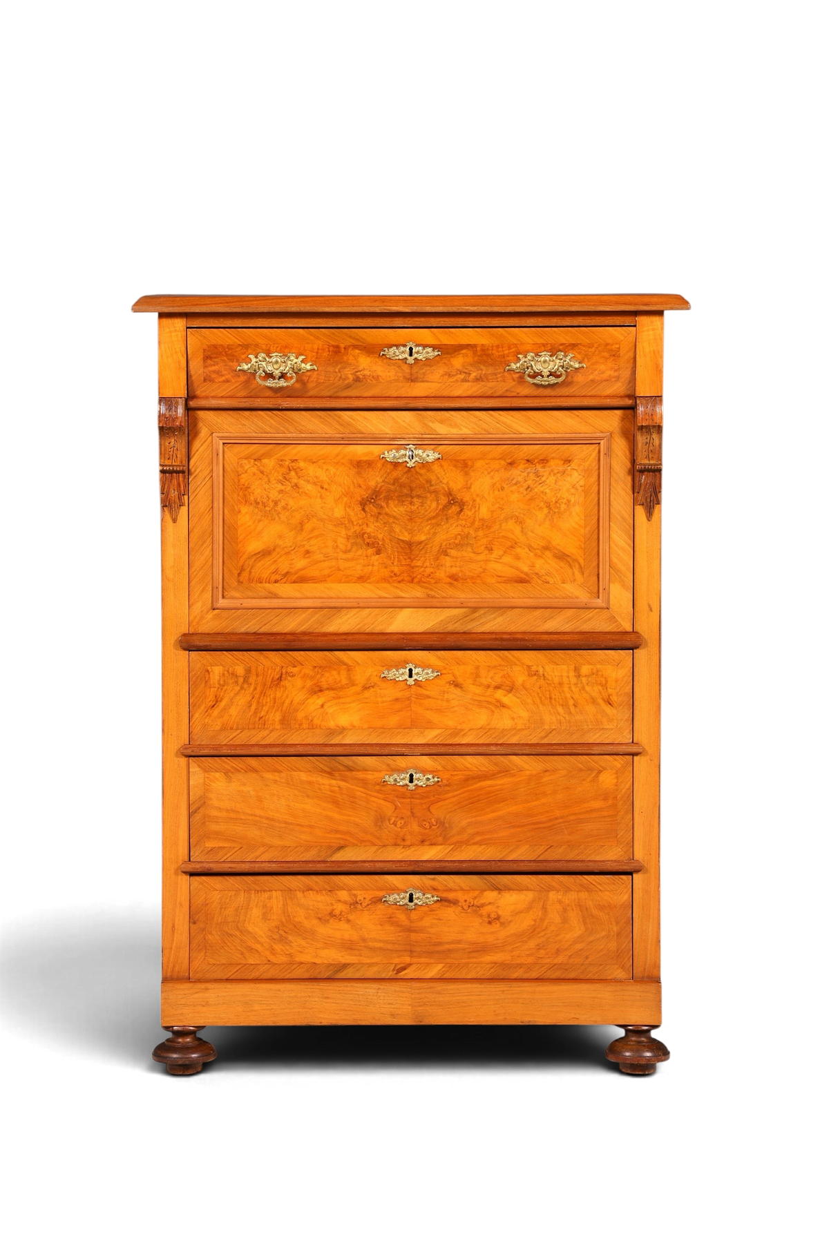 Hauptstadt Möblerei Gründerzeit Sekretär aus massivem Holz mit schöner Maserung und Messingbeschlägen im Louis Philippe Stil