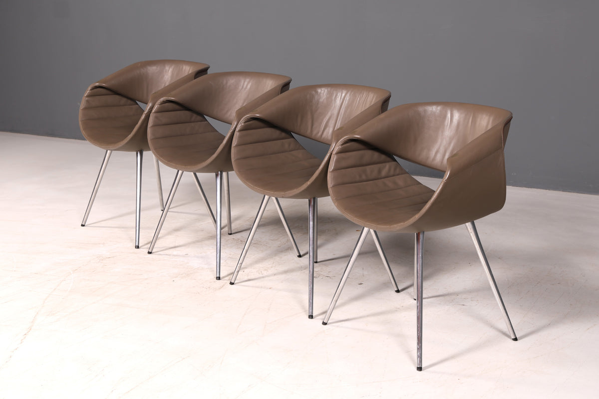 Elegant set of 4 Züco Little Perillo designer leather armchairs, genuine leather, chrome, modern