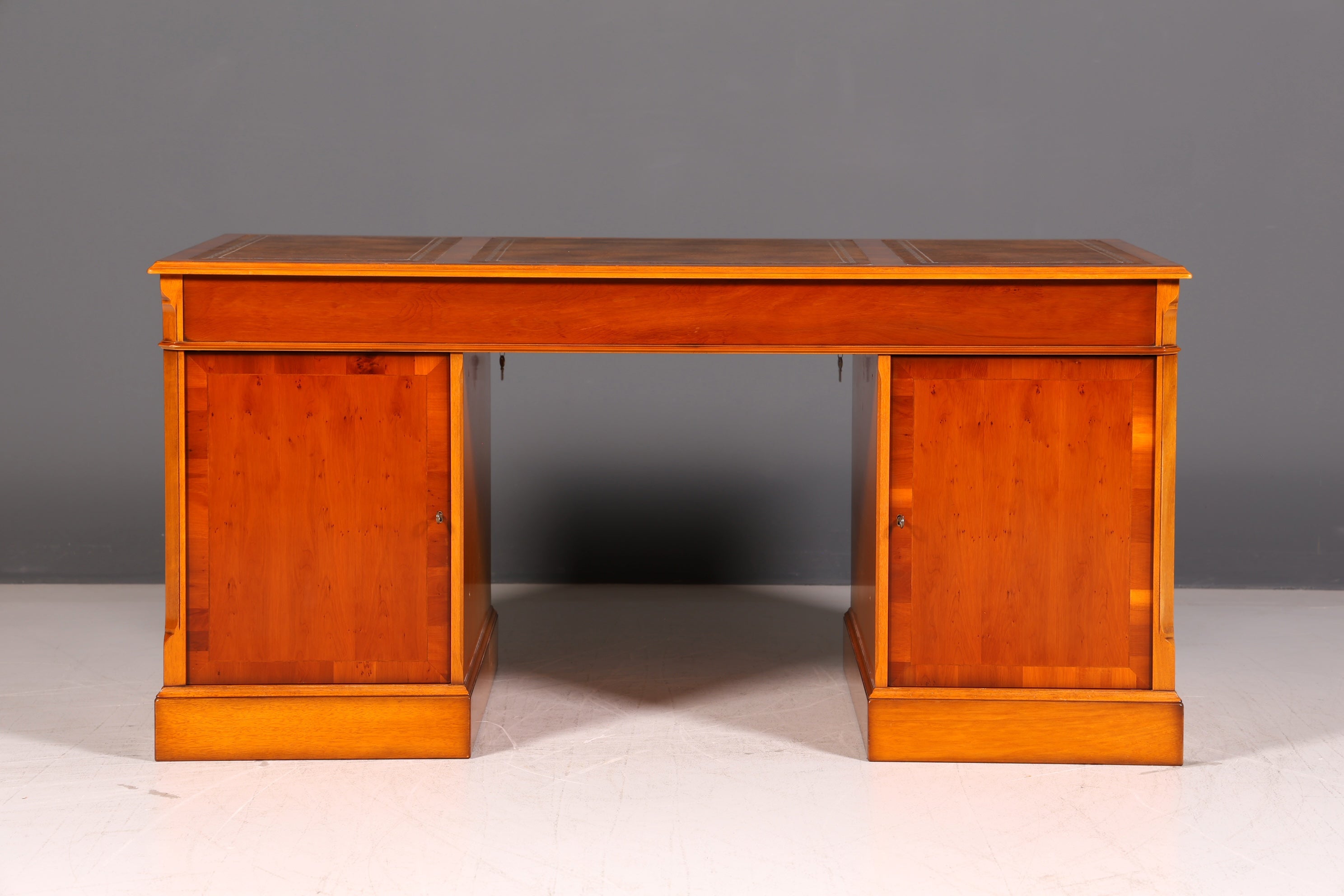 Beautiful English Yew Desk with Genuine Leather Top, Antique Style, Executive Desk, Office Desk, Desk, Partner Desk