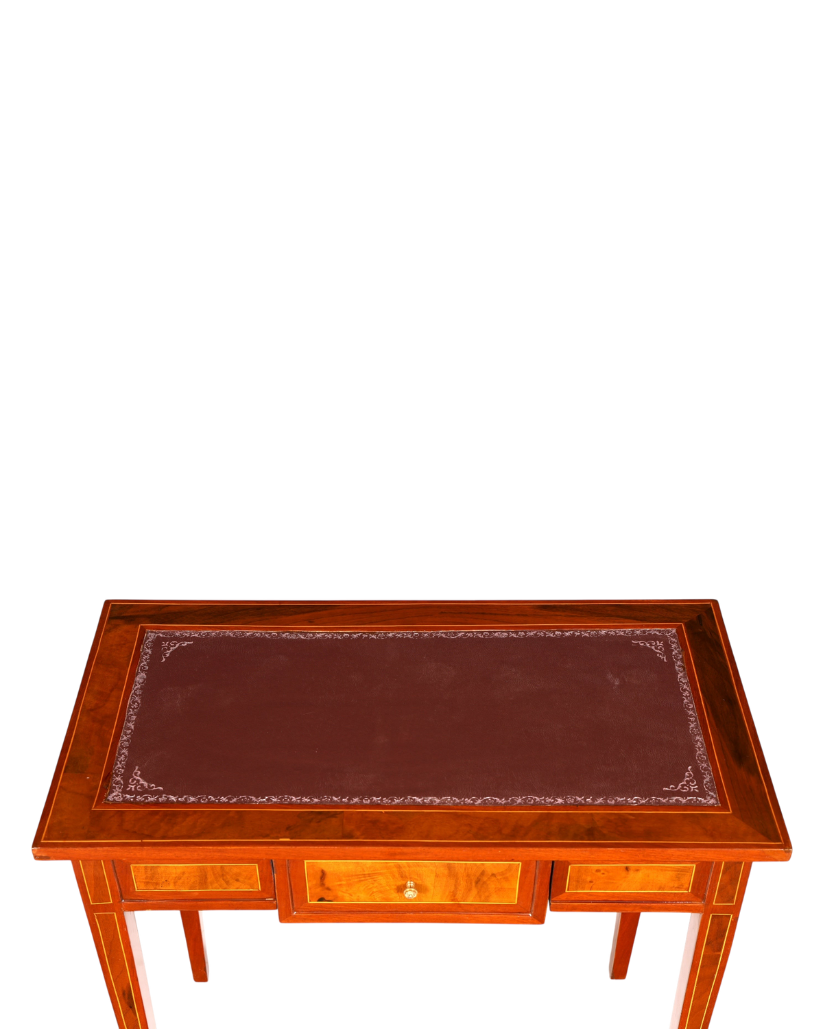 Hauptstadt Möblerei Schreibtisch im French-Desk-Stil aus Echtholz mit dunkelroter Ledereinlage und einer Schublade