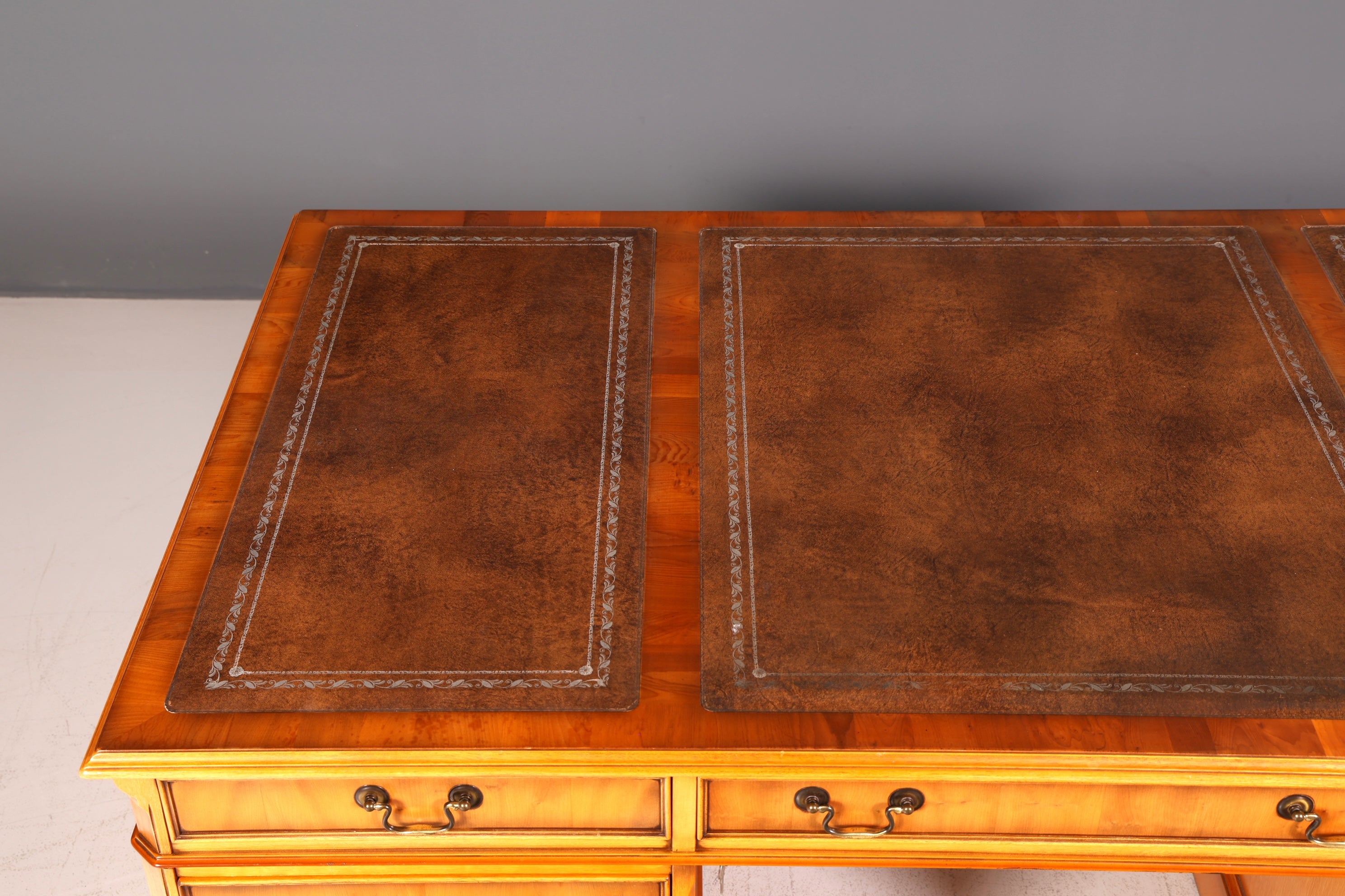Beautiful English Yew Desk with Genuine Leather Top, Antique Style, Executive Desk, Office Desk, Desk, Partner Desk