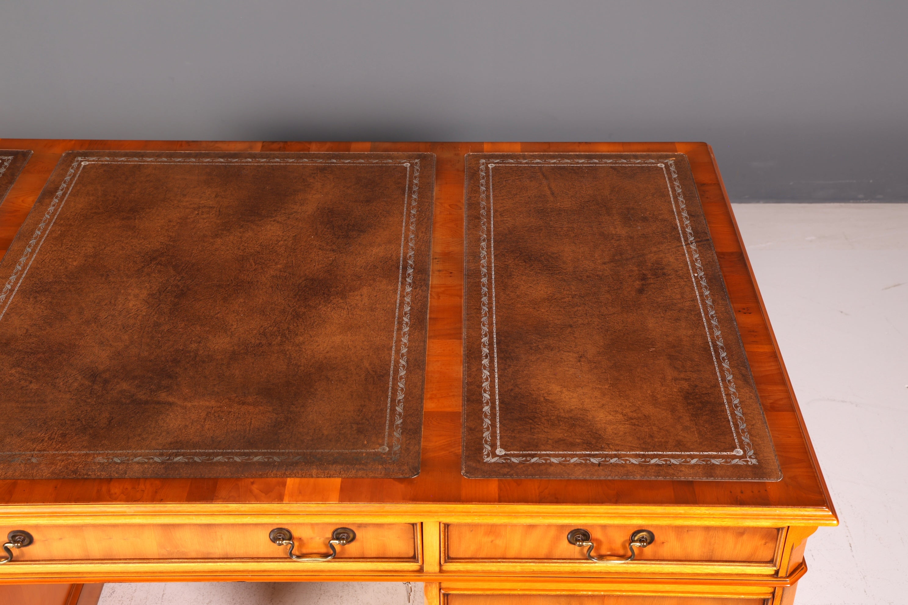 Beautiful English Yew Desk with Genuine Leather Top, Antique Style, Executive Desk, Office Desk, Desk, Partner Desk