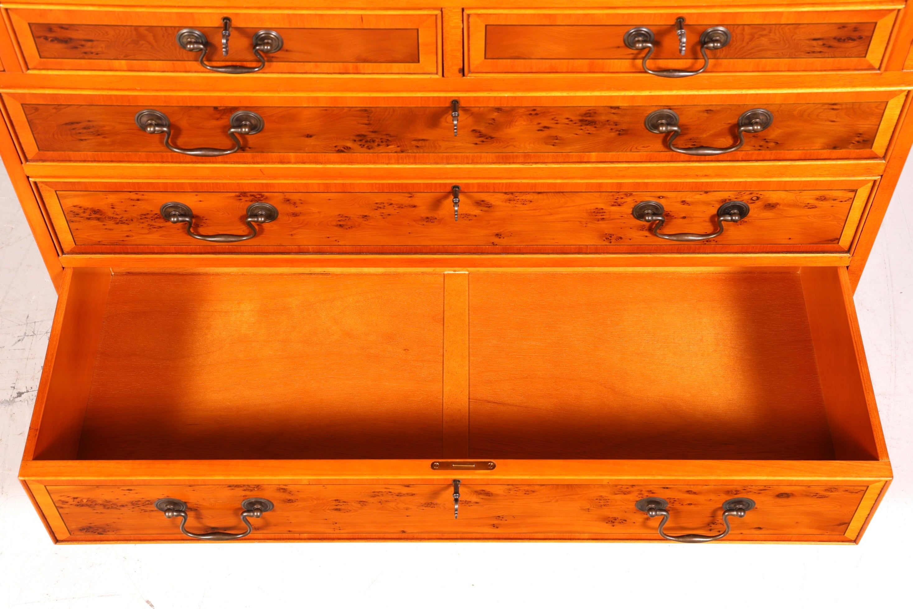 Stylish English secretary desk, office desk, yew wood, antique style, genuine leather top, display cabinet, UK