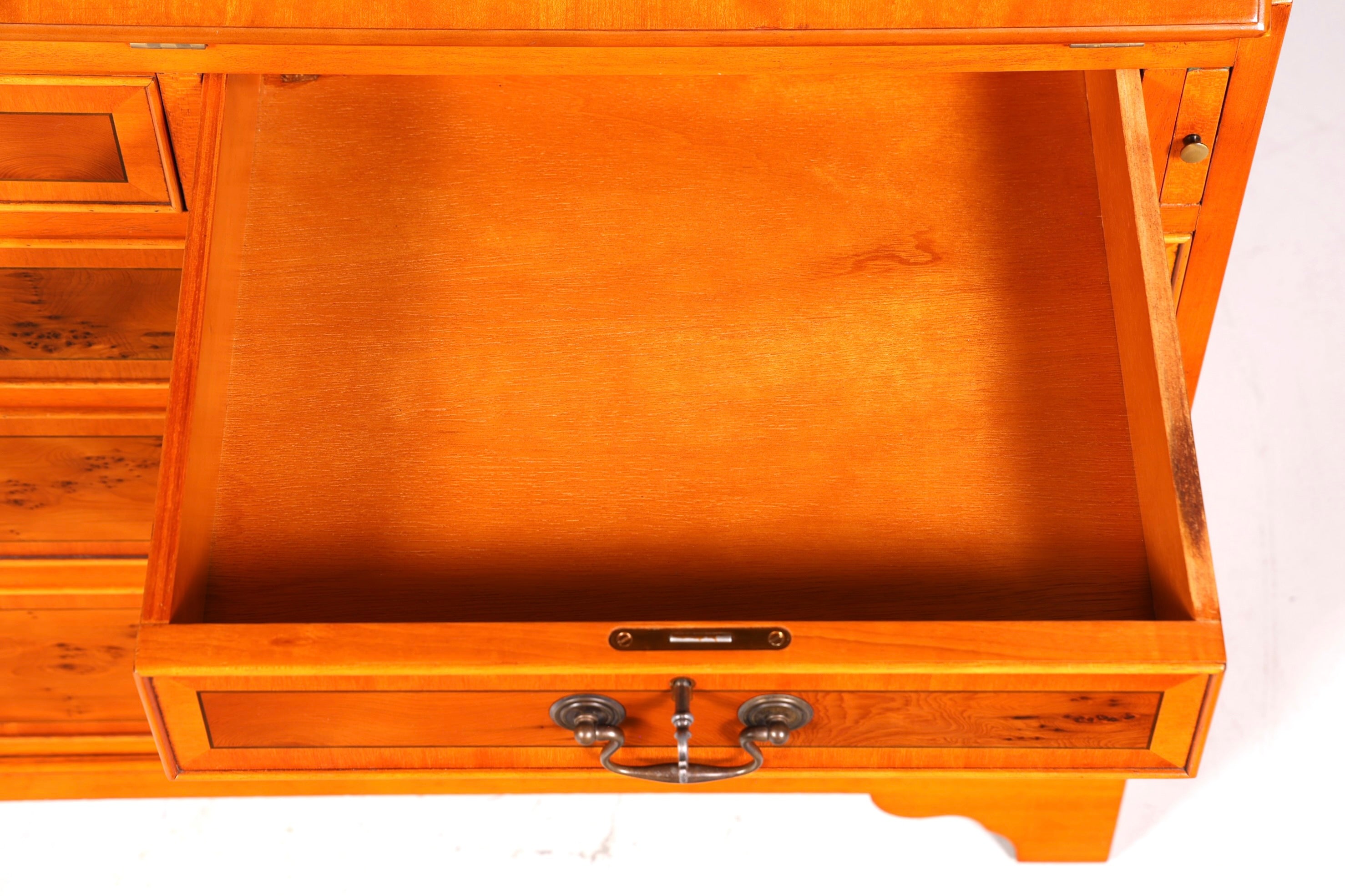 Stylish English secretary desk, office desk, yew wood, antique style, genuine leather top, display cabinet, UK