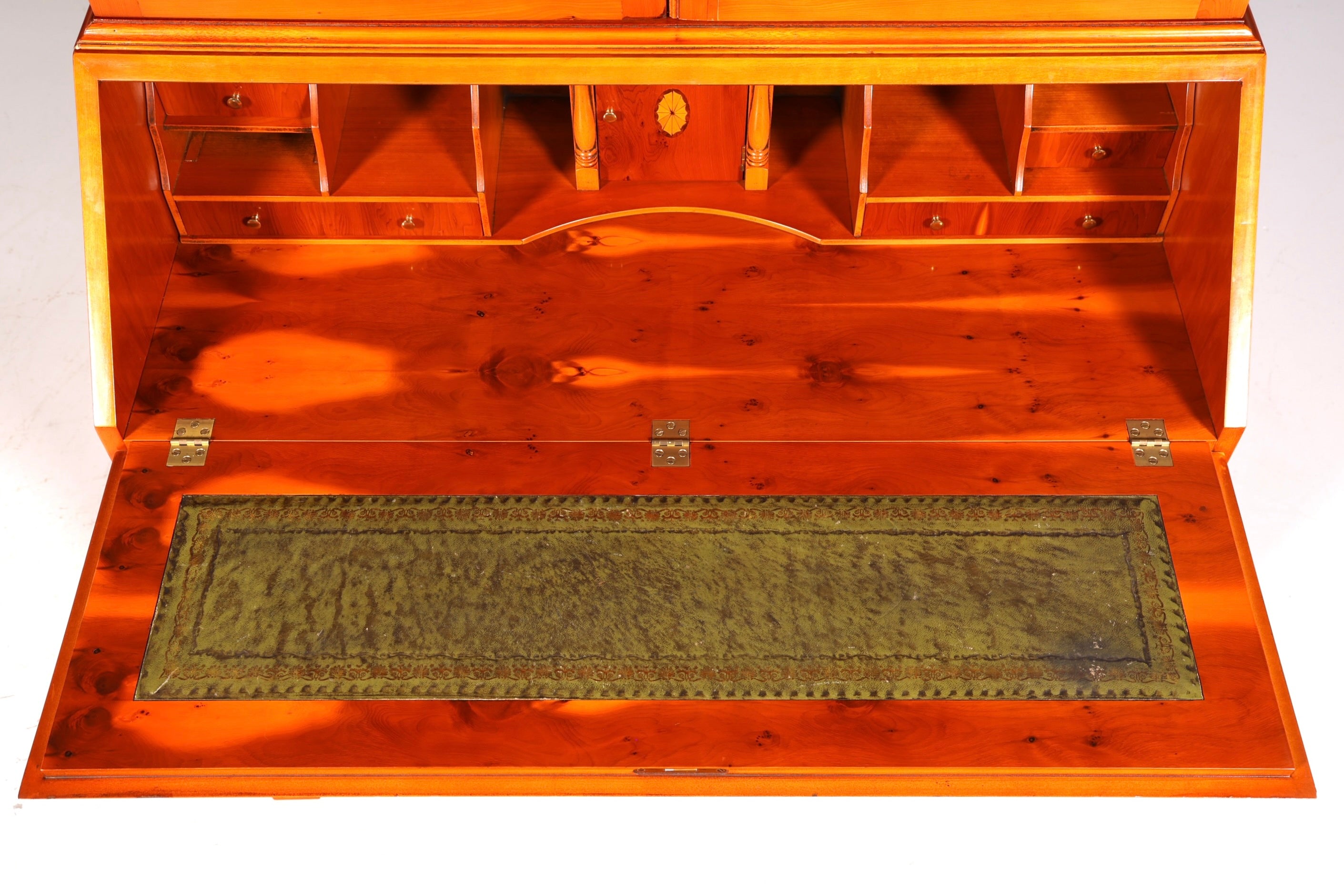 Stylish English secretary desk, office desk, yew wood, antique style, genuine leather top, display cabinet, UK