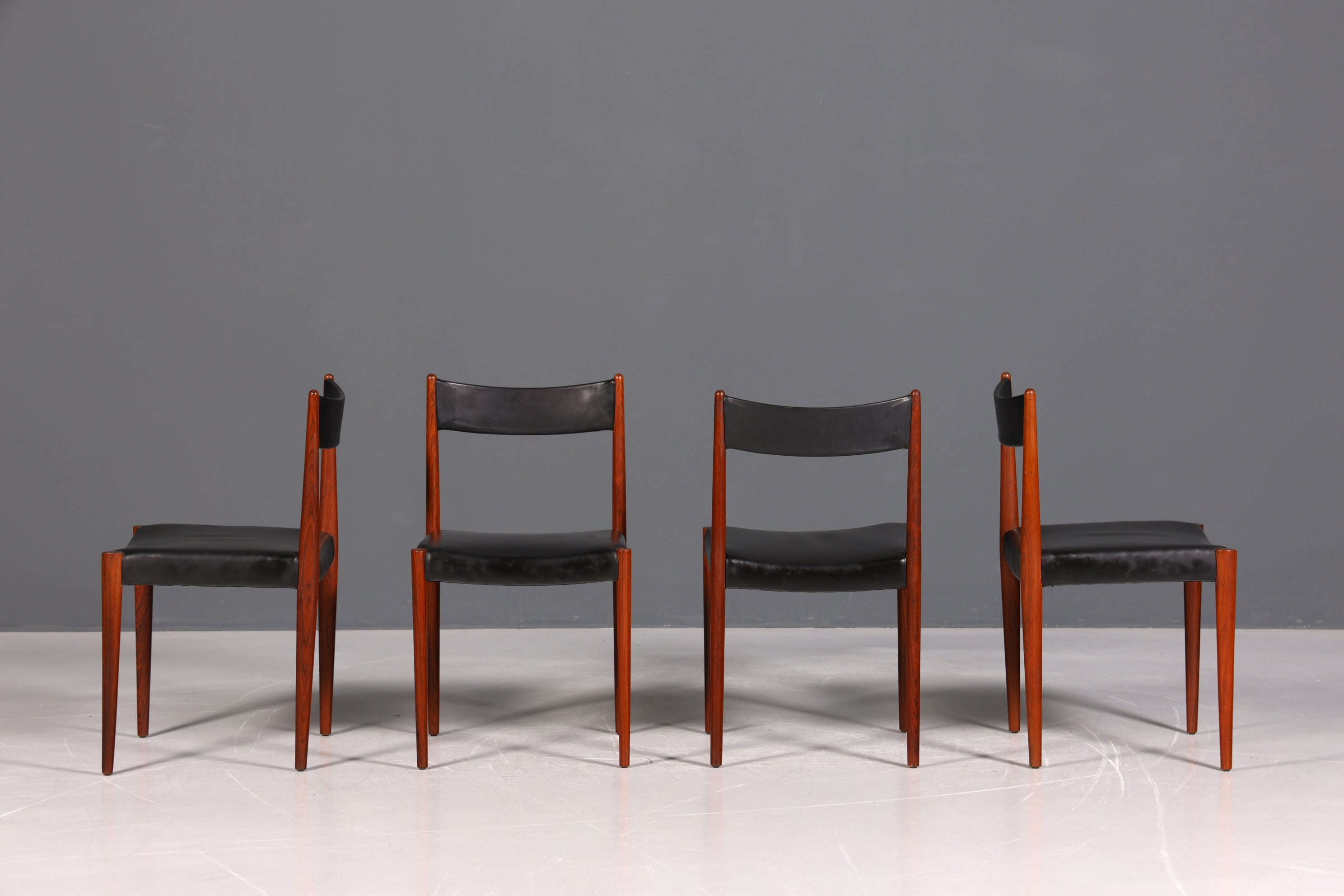 4x Simple Mid-Century Chairs Rosewood Retro Chair Set Genuine Leather Danish Design Kitchen Chairs