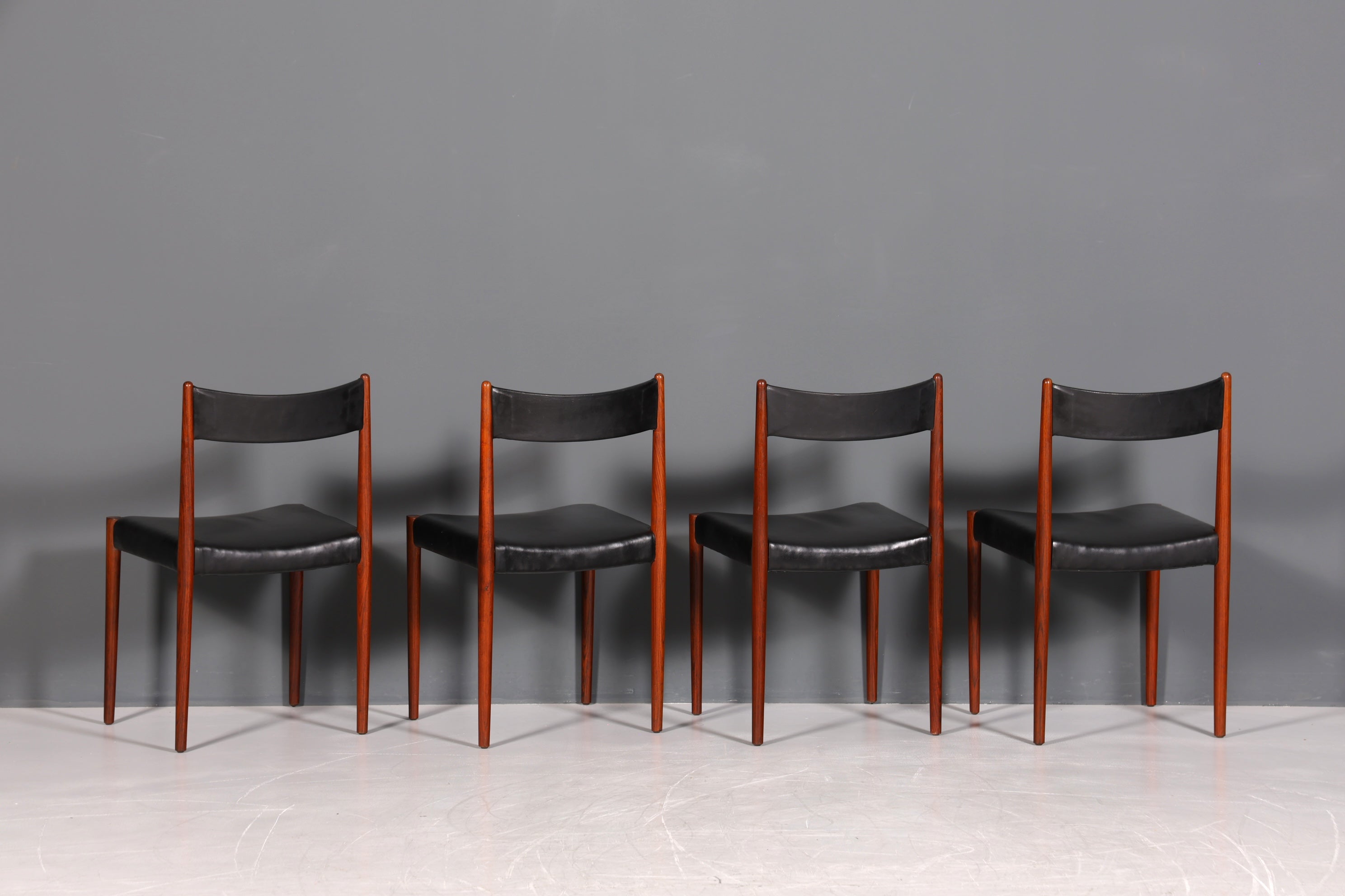 4x Simple Mid-Century Chairs Rosewood Retro Chair Set Genuine Leather Danish Design Kitchen Chairs