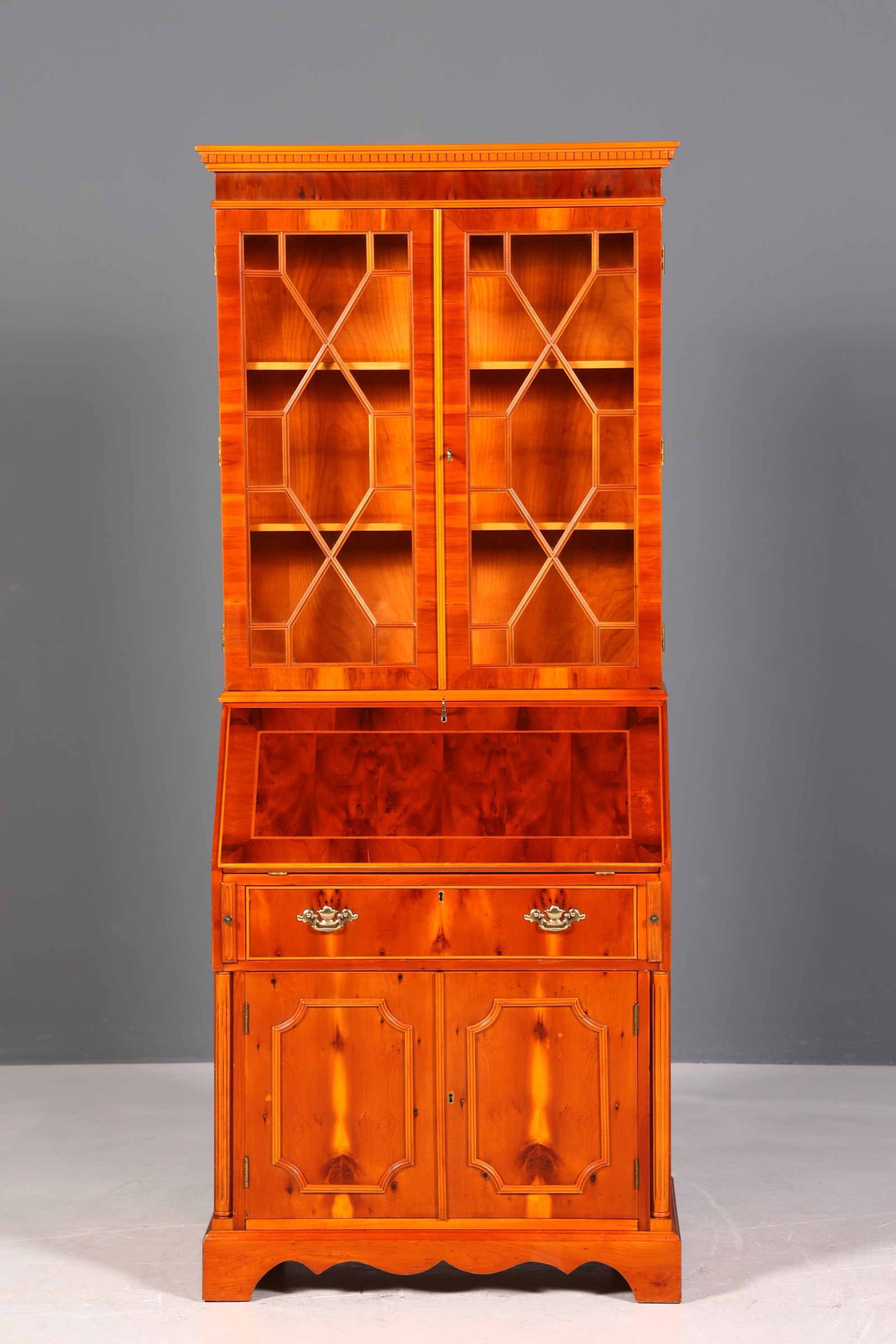 Stylish English secretary desk, office desk, yew wood, antique style, genuine leather top, display cabinet, UK