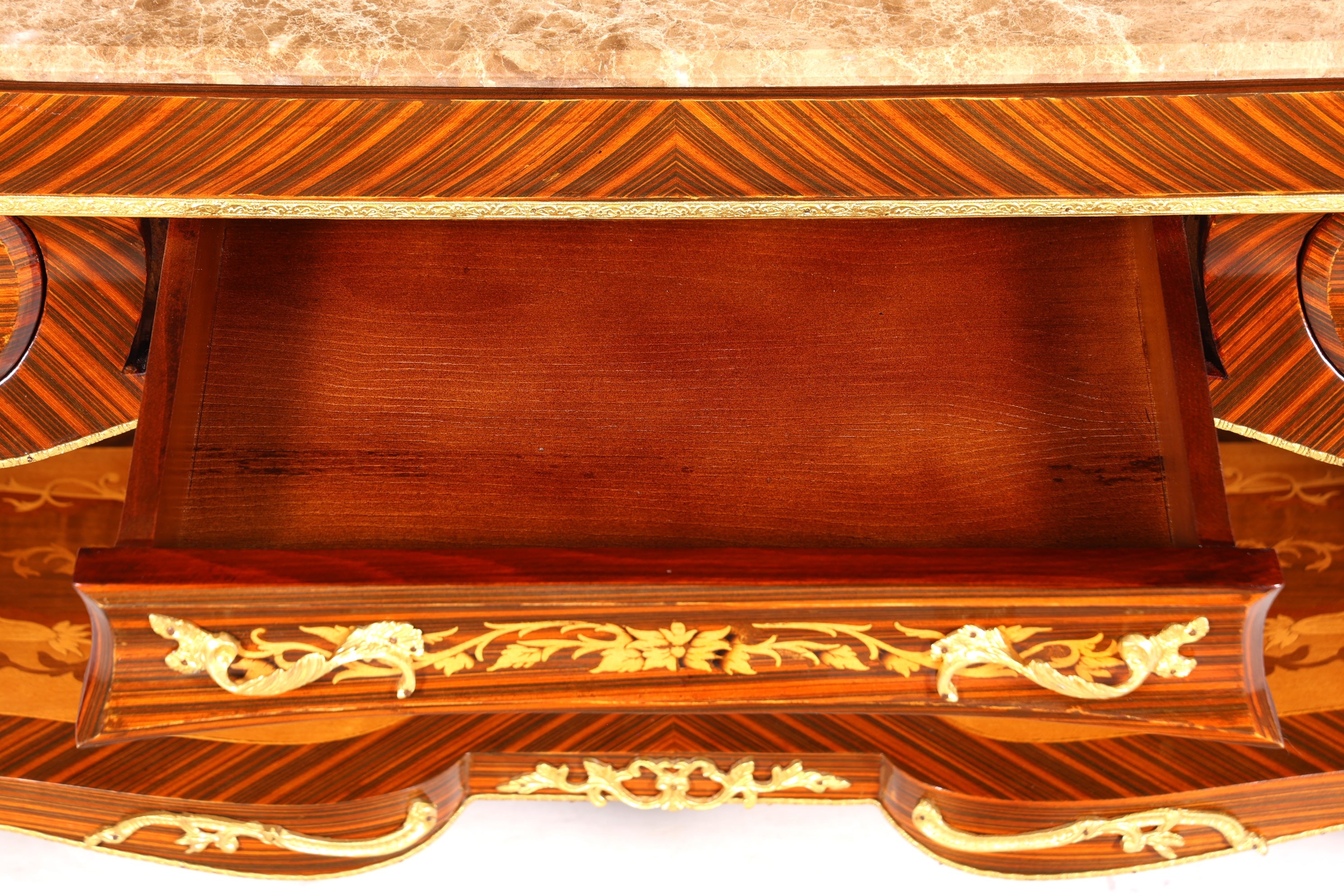 Dreamy Baroque style console table, marble, antique style inlaid console