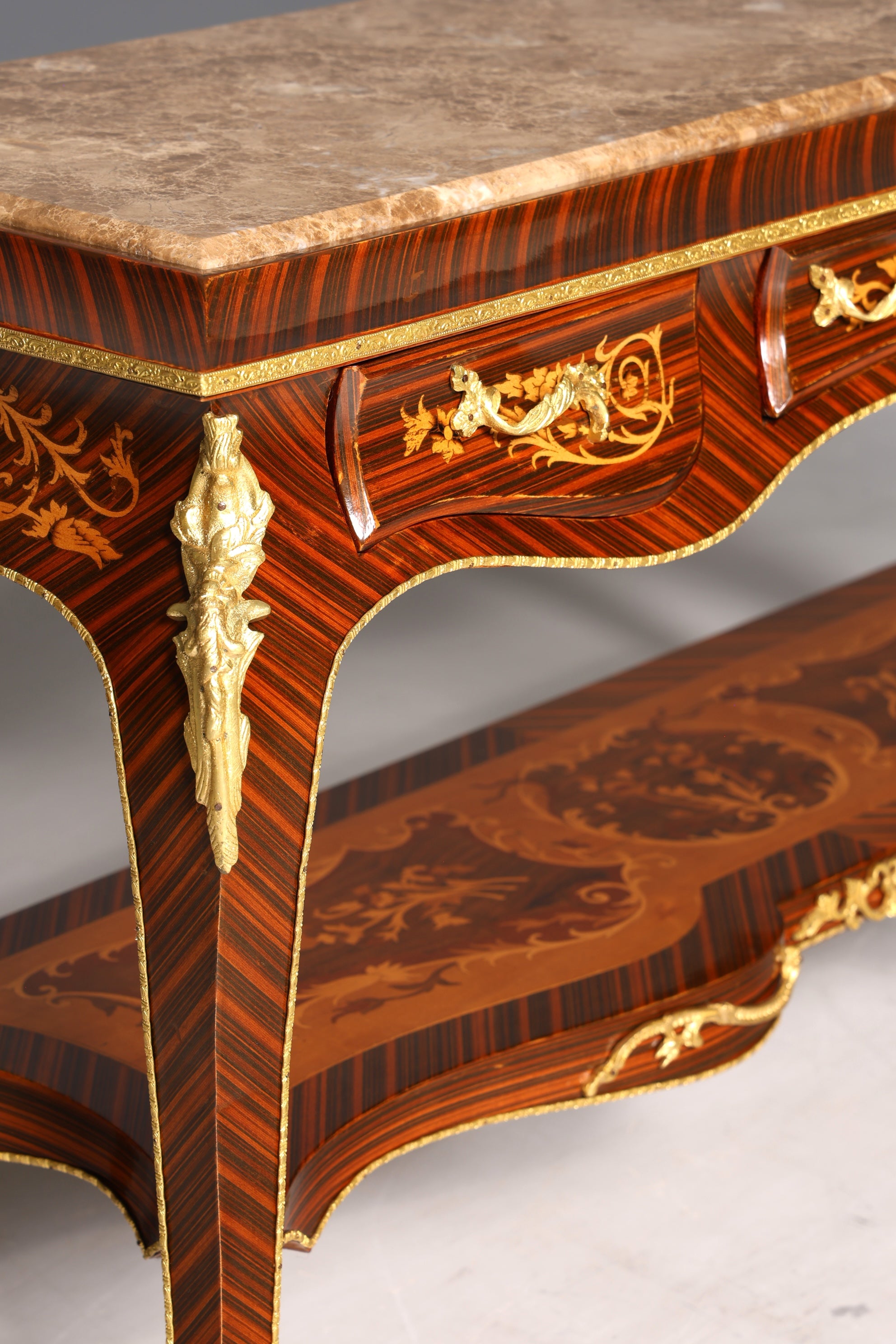 Dreamy Baroque style console table, marble, antique style inlaid console