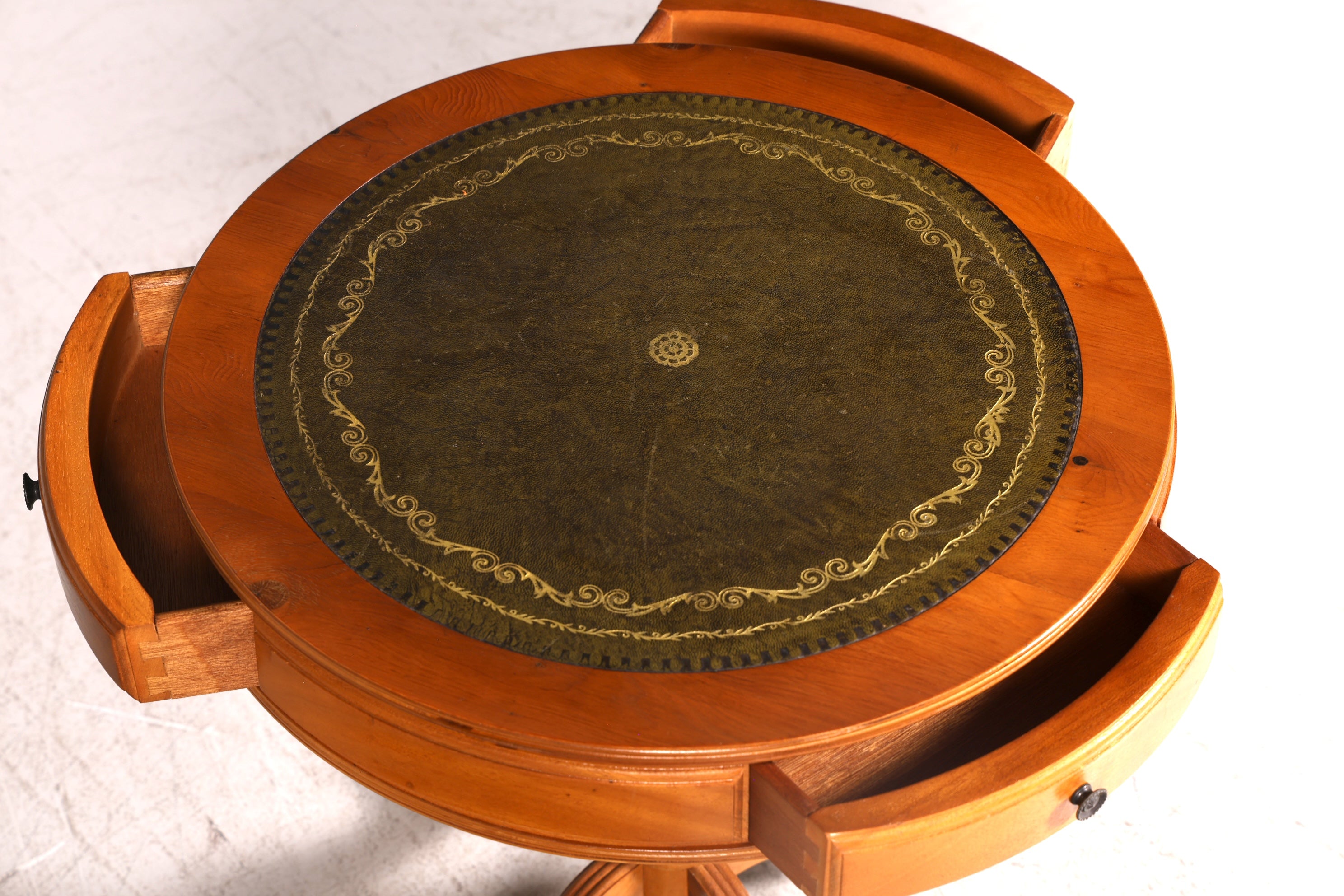 Wunderschöner Englischer Trommeltisch Beistelltisch Eibe Regency Echt Lederauflage Drum Table Ablagetisch Antik Vintage