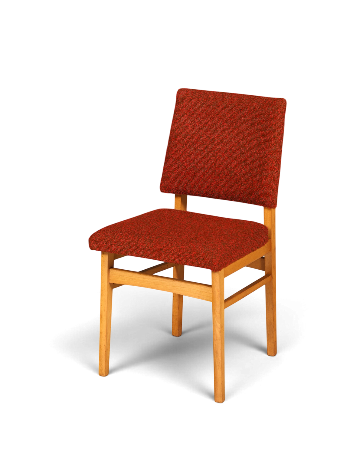 Hauptstadt Möblerei Mid Century Esszimmerstuhl mit rotem Stoffbezug und hellem Holzgestell im 60er Jahre Retro-Stil