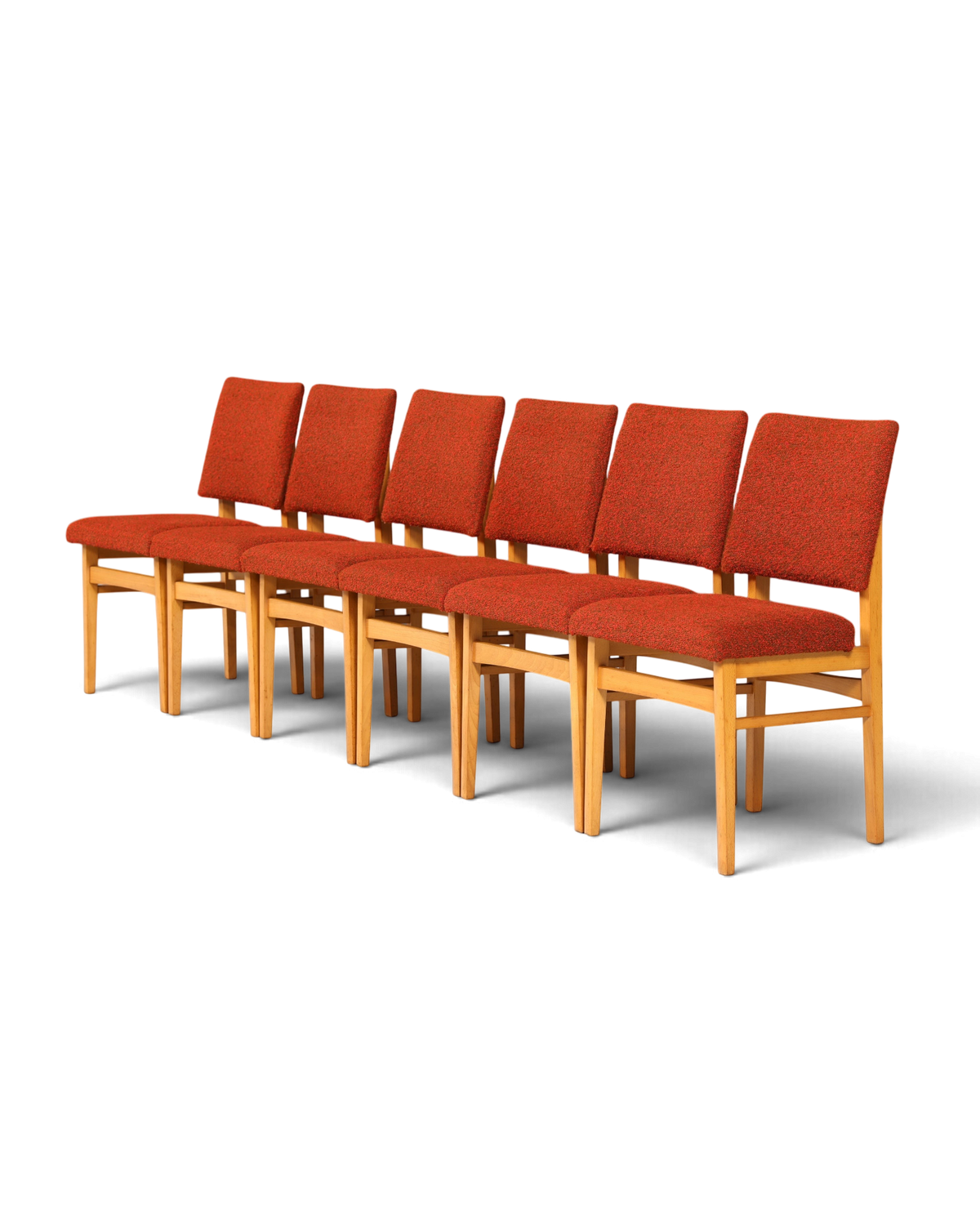 Hauptstadt Möblerei 6er-Set Mid Century Esszimmerstühle mit rotem Polster und hellem Holzgestell im 60er-Jahre-Stil