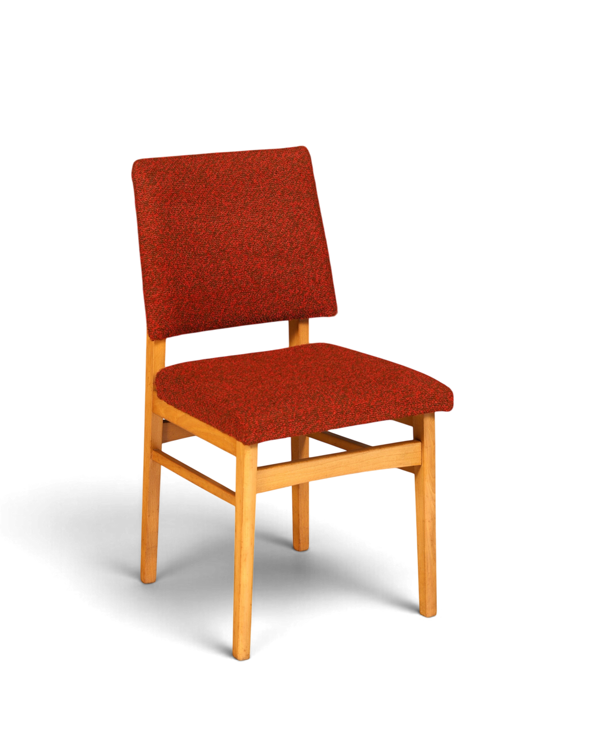 Hauptstadt Möblerei Mid Century Esszimmerstuhl mit rotem Stoffbezug und hellem Holzgestell im 60er Jahre Retro-Stil