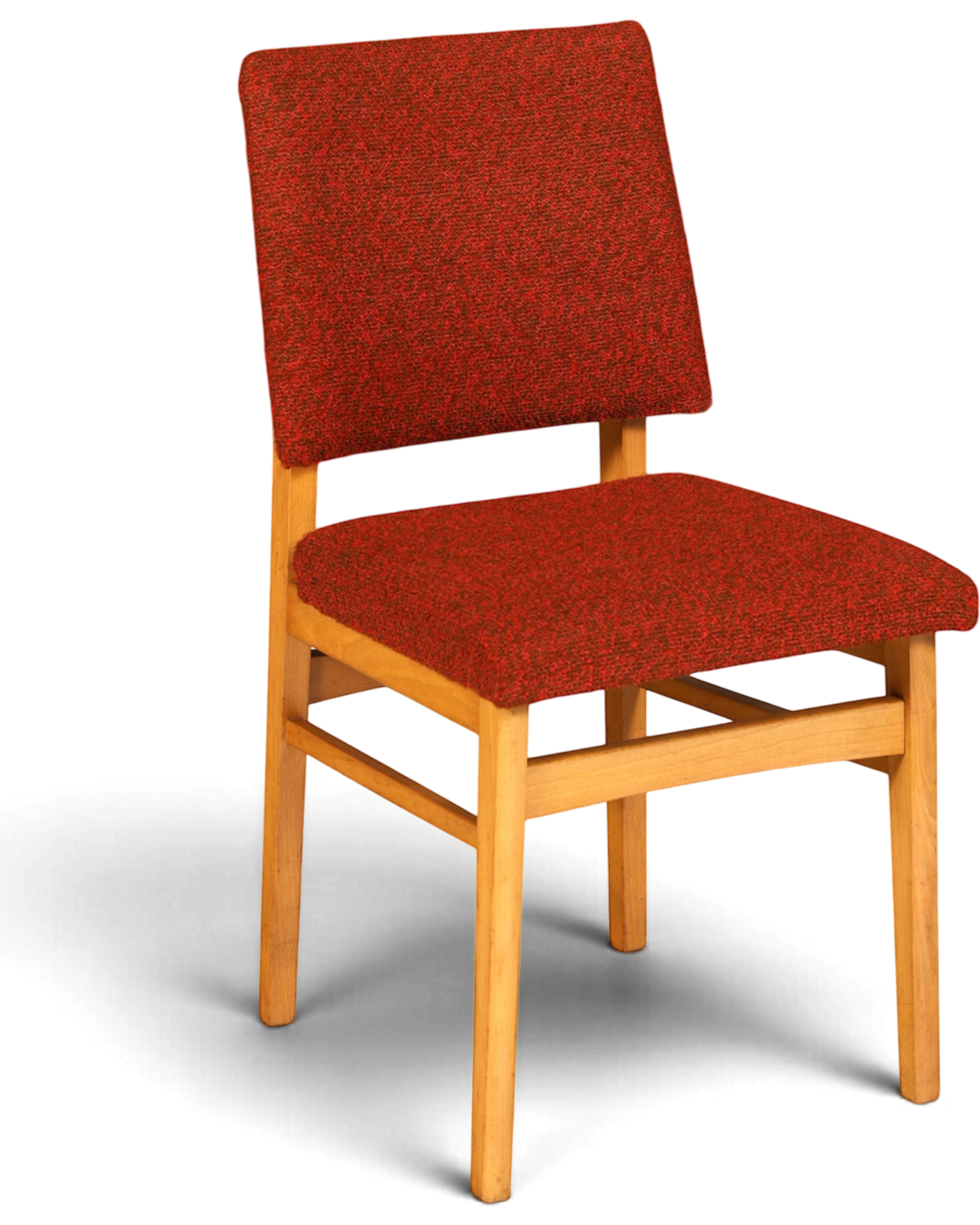 Hauptstadt Möblerei Mid Century Esszimmerstuhl mit rotem Stoffbezug und hellem Holzgestell im 60er Jahre Retro-Stil