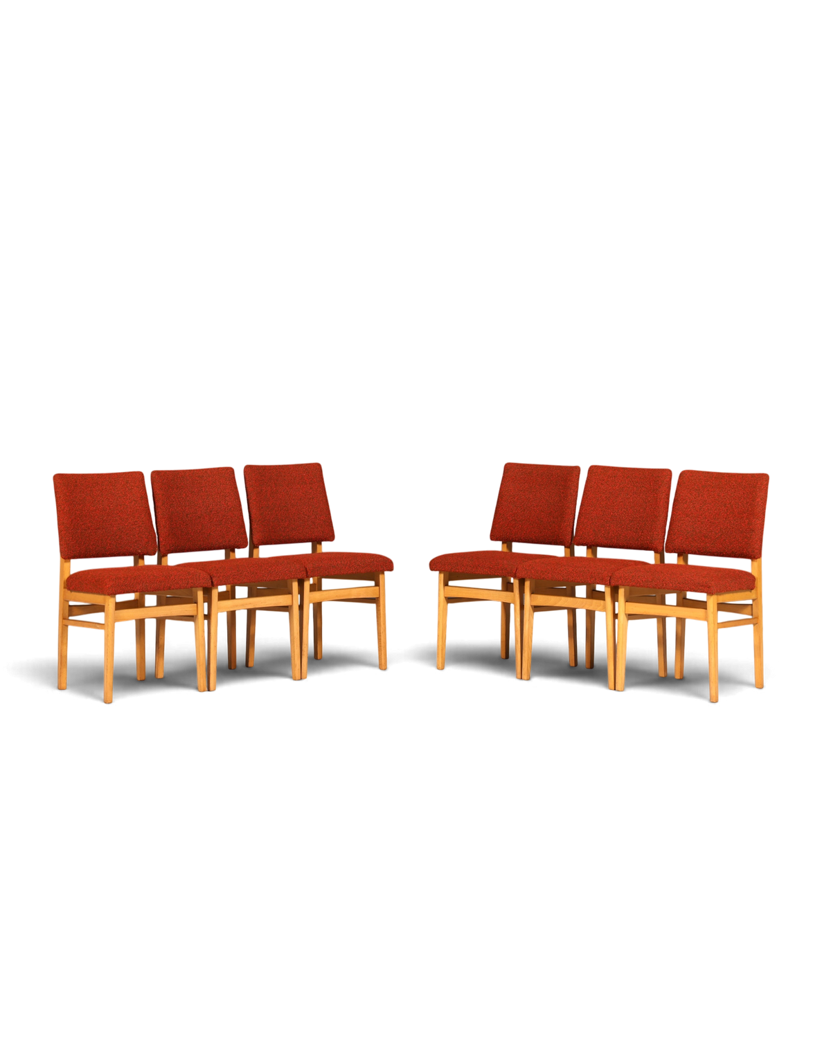 Hauptstadt Möblerei 6er-Set Mid Century Esszimmerstühle mit rotem Stoffbezug und hellem Holzgestell im Retro-Stil