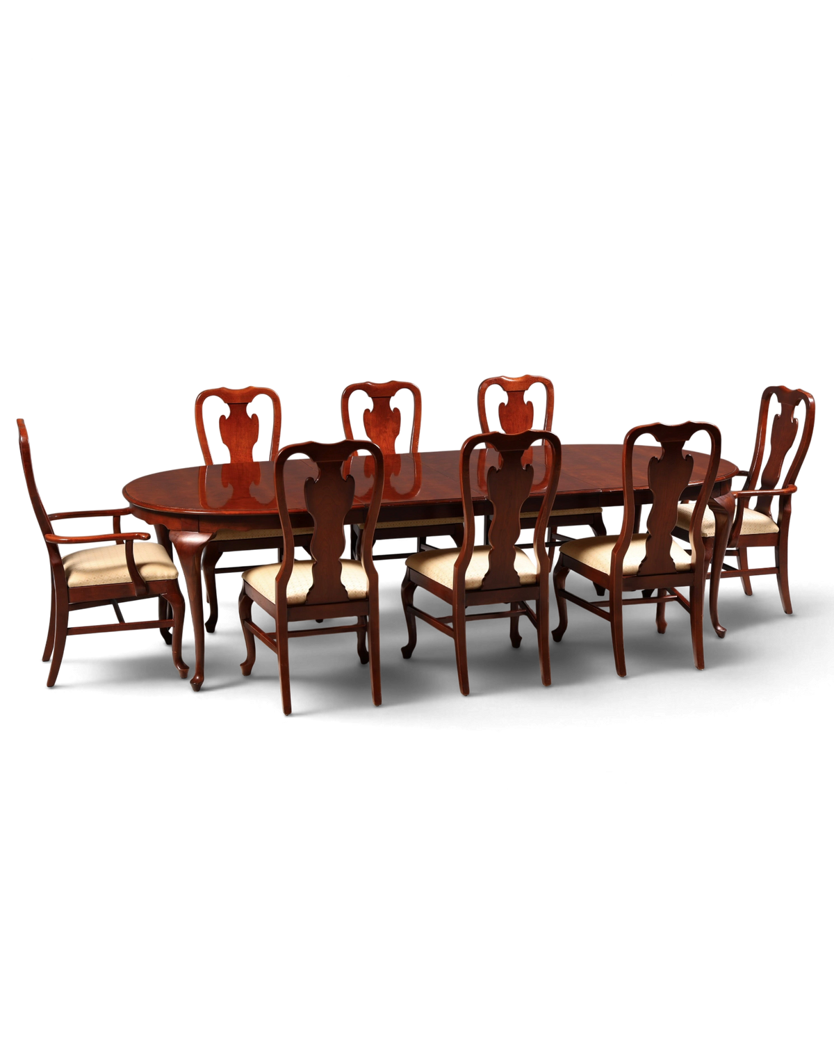 Hauptstadt Möblerei Esszimmer-Set mit ovalem Holztisch und sechs Stühlen im Chippendale-Stil mit beigem Bezug