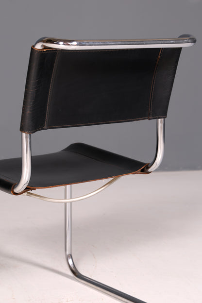 Edler Original Thonet Freischwinger Stuhl Chrom Leder Schwarz Bauhaus Designklassiker Vintage Kragstuhl Esszimmer Stuhl Vintage 1 von 2