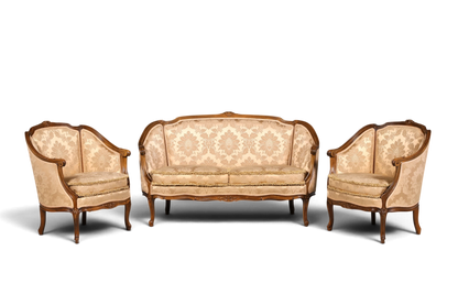 Hauptstadt Möblerei Chippendale Sitzgruppe im Barock Stil mit zwei Sesseln und einem Sofa aus beigem Samtstoff