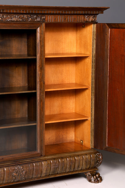 Indrukwekkende neorenaissanceboekenkast uit de Gründerzeit, vitrinekast voor een herenkamer, buffetkast, antiek massief hout