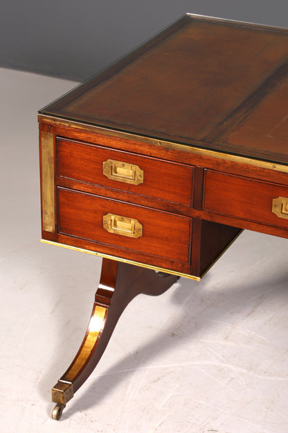 F939 Finish Edler Maritimer Schreibtisch Englischer Military Chest Bürotisch Office Table mit echt Lederauflage