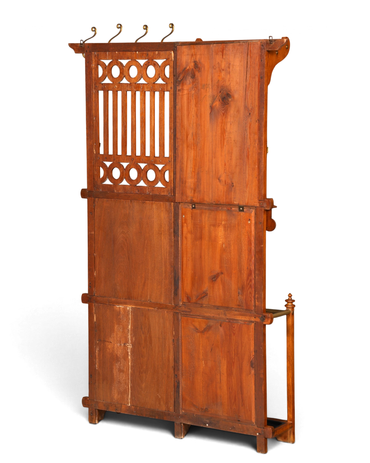 Hauptstadt Möblerei Garderobenpaneel aus Holz mit Messinghaken und dekorativen Kreis-Ausschnitten im Jugendstil